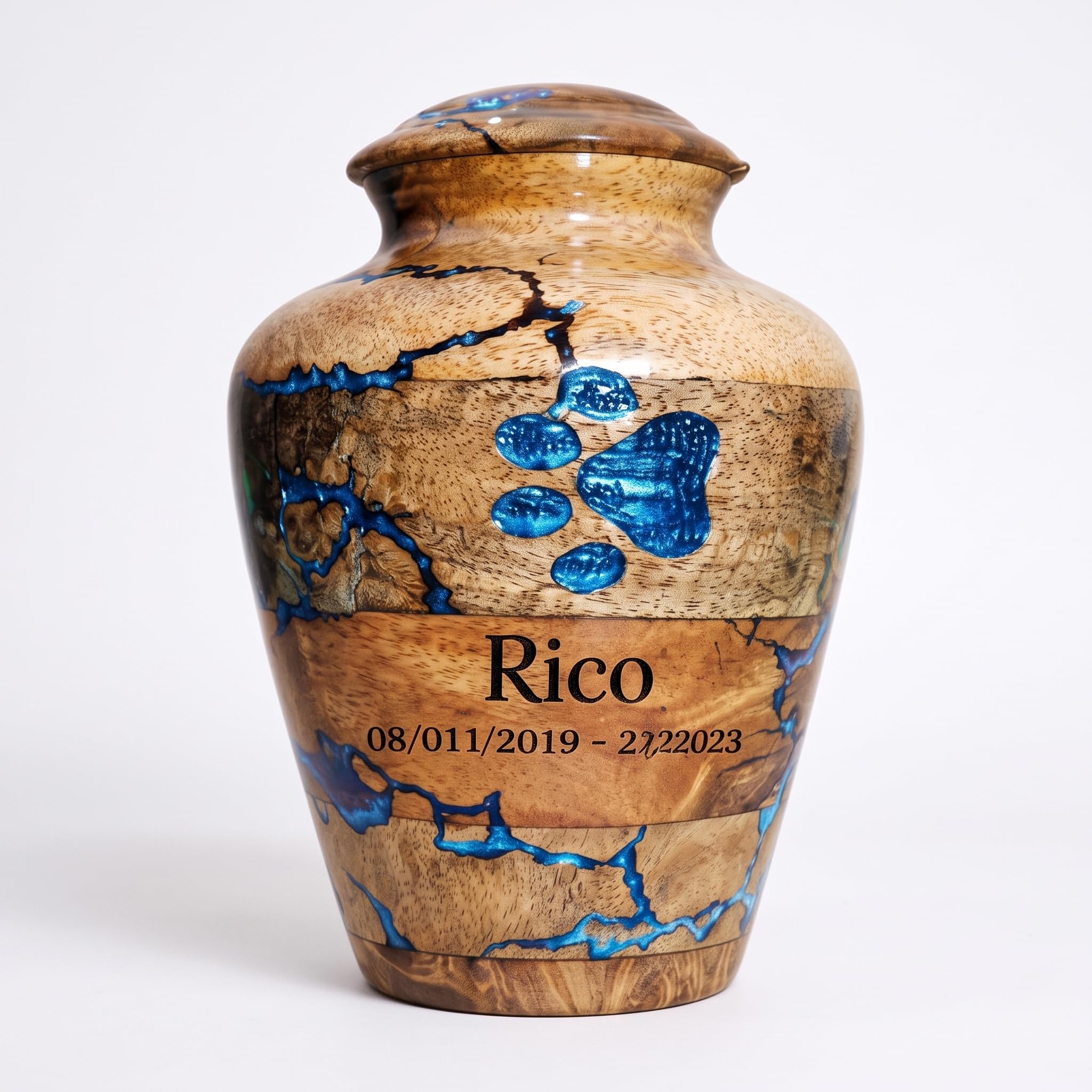 Emporium Crafts Wooden Urn - Personalized Pet Urns, Custom Cremation Urn - Memorial Keepsake Urn - Unique Decorative Urns, Resin Paw Inaly (Blue)