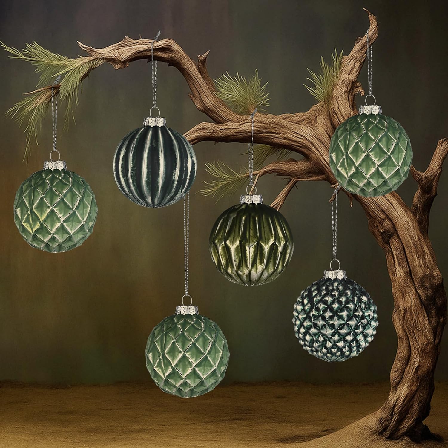 Civaner 6 Pcs Glass Sage Green Christmas Ball Ornaments 2.36 Inch Rustic Christmas Tree Hanging Decorations Vintage Soda Glass Ball Jadeite Neutral Textured Xmas Baubles for Holiday Decor(Fashion)