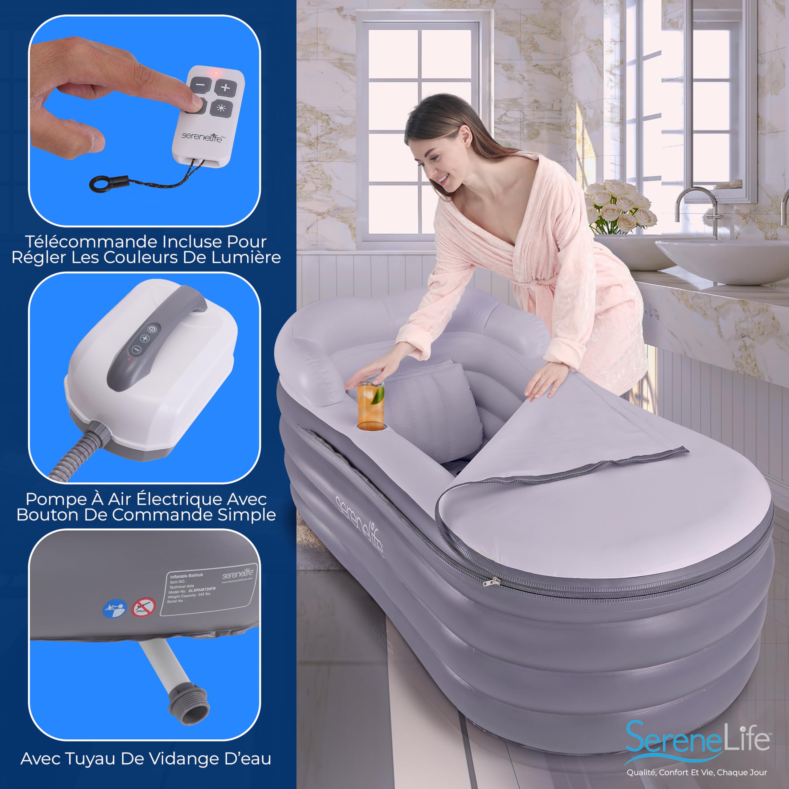 SereneLife Baignoire de Spa avec Tapis de Massage à Bulles, Baignoire Gonflable avec Coussin, Porte-Gobelet, Télécommande pour Éclairage LED, Dossier et Accoudoirs, Convient jusqu'à 86 kg