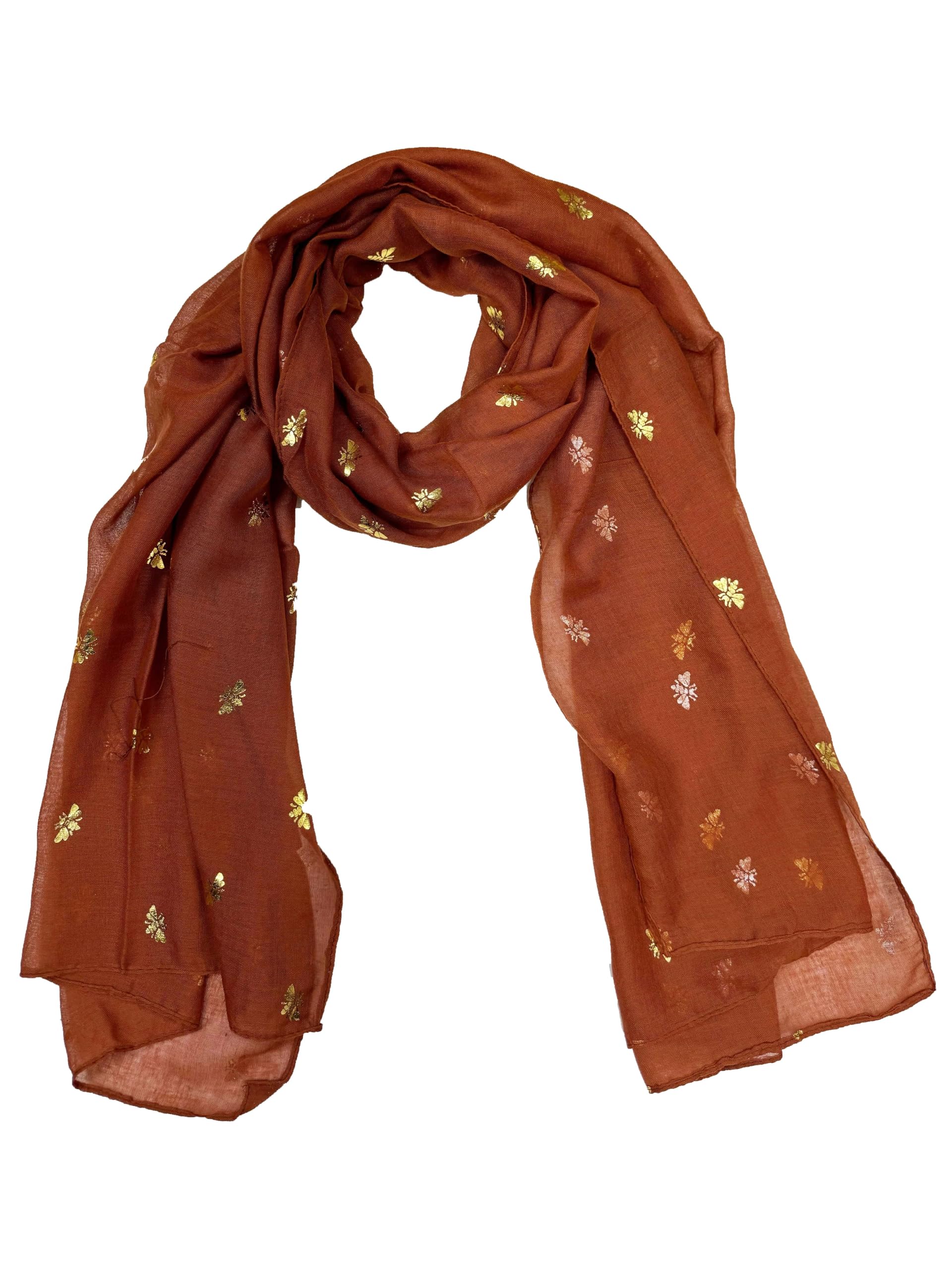 Zac's Alter Ego Women's Rust Scarf With Gold Foil Metallic Glitter Bee Print