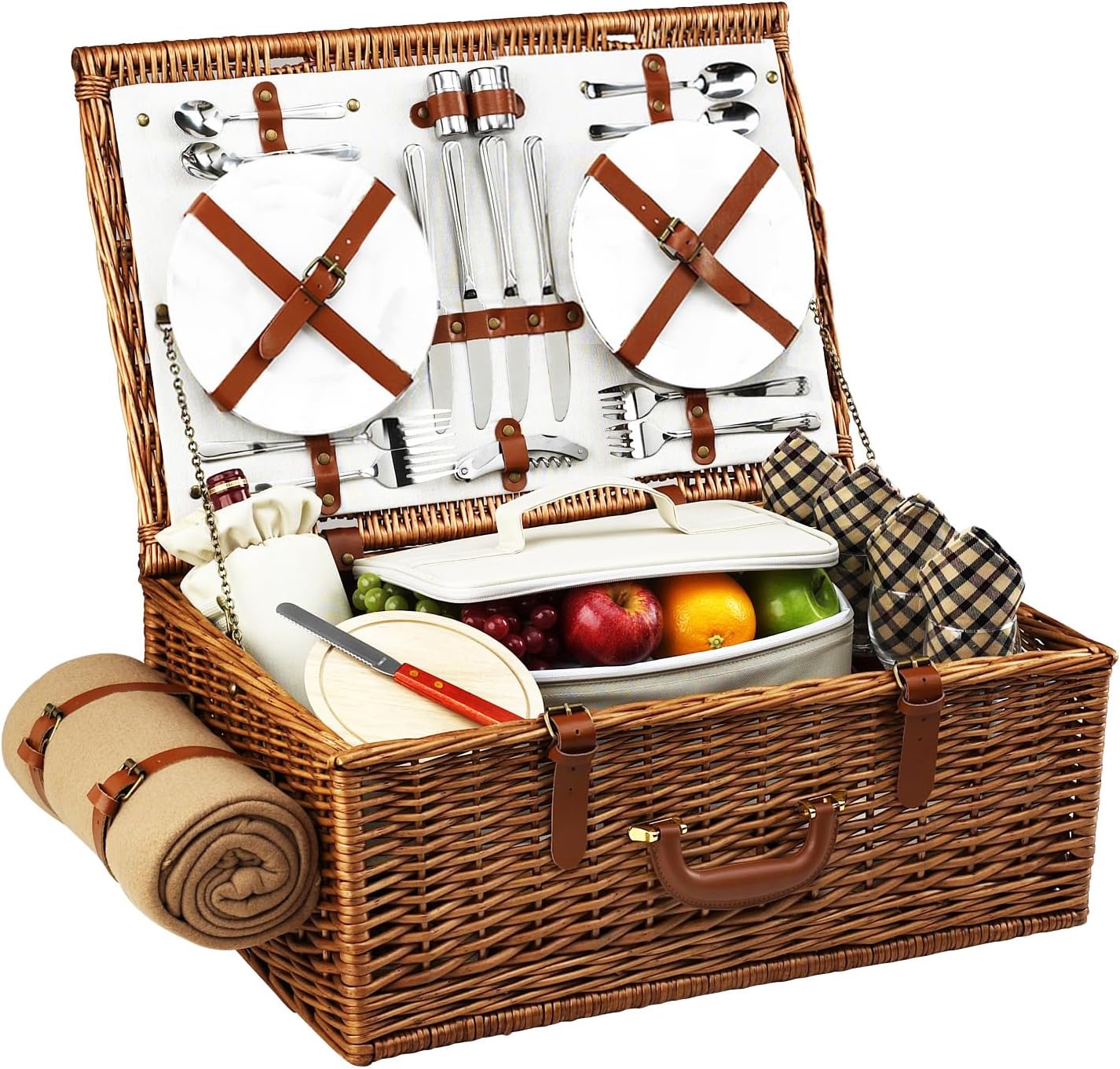 Picnic at Ascot Original Dorset English-Style Willow Picnic Basket with Service for 4 and Blanket- Designed, Assembled & Quality Approved in the USA