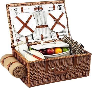 Personalized Picnic at Ascot Original Dorset English-Style Willow Picnic Basket with Service for 4 and Blanket- Designed, Assembled & Quality Approved in the USA