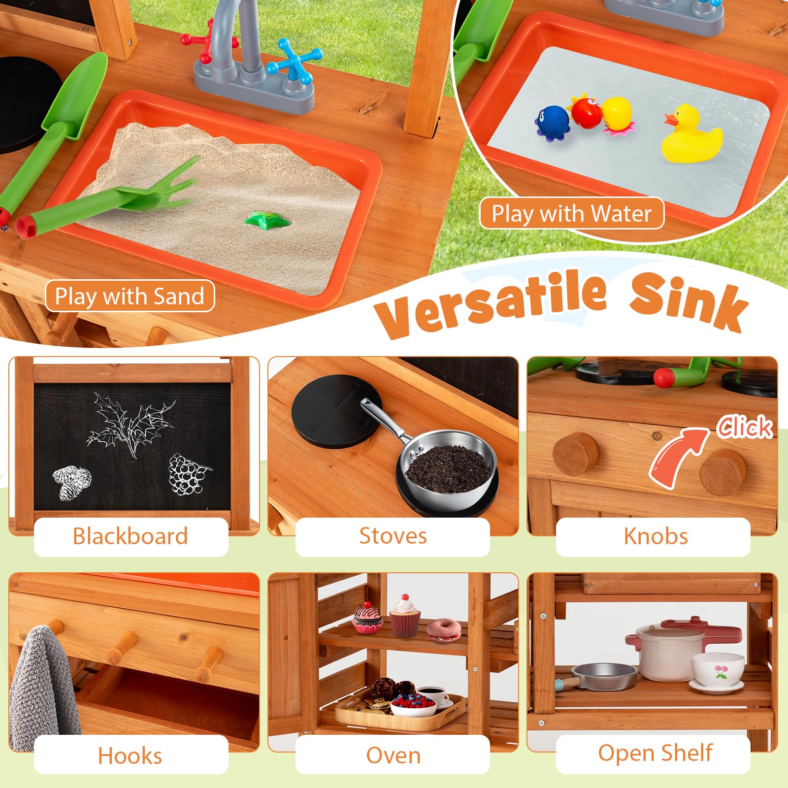 FANTASK Matschküche Kinder Outdoor, Kinderküche Holz mit Sonnendach & Tafel & Pflanzbechern & Schaufeln