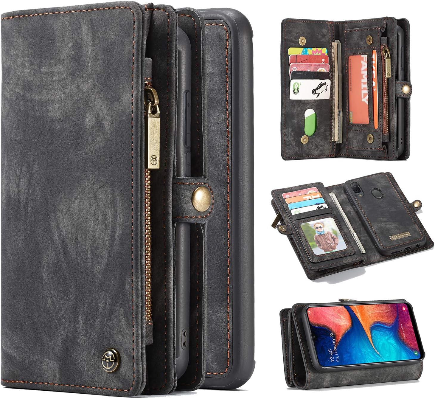 Harsel 11 Card Slots [Magnetic Closure] Detachable PU Leather Wallet Purse Book Case with Zipper Pocket Removable Protective Hard Silicone Case for Samsung Galaxy A20 A30 (Black)