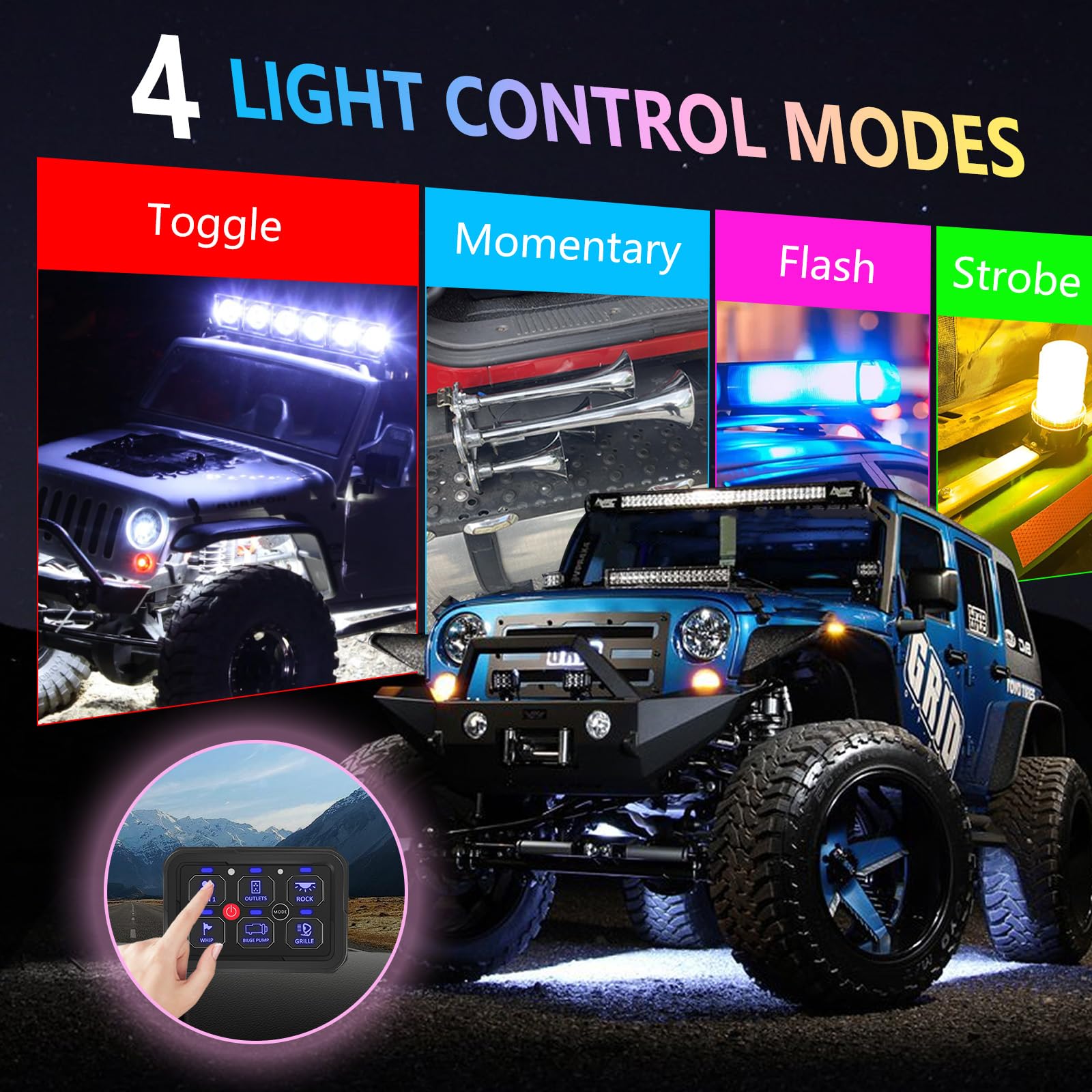 Chelhead Panel przełącznika RGB 6 Gang Auto Dimming 12V/24V IP65 | Panel sterowania Automatyczne ściemnianie podświetlenia, 4 tryby przełączania (przełącznik, puls, lampa błyskowa, stroboskop)