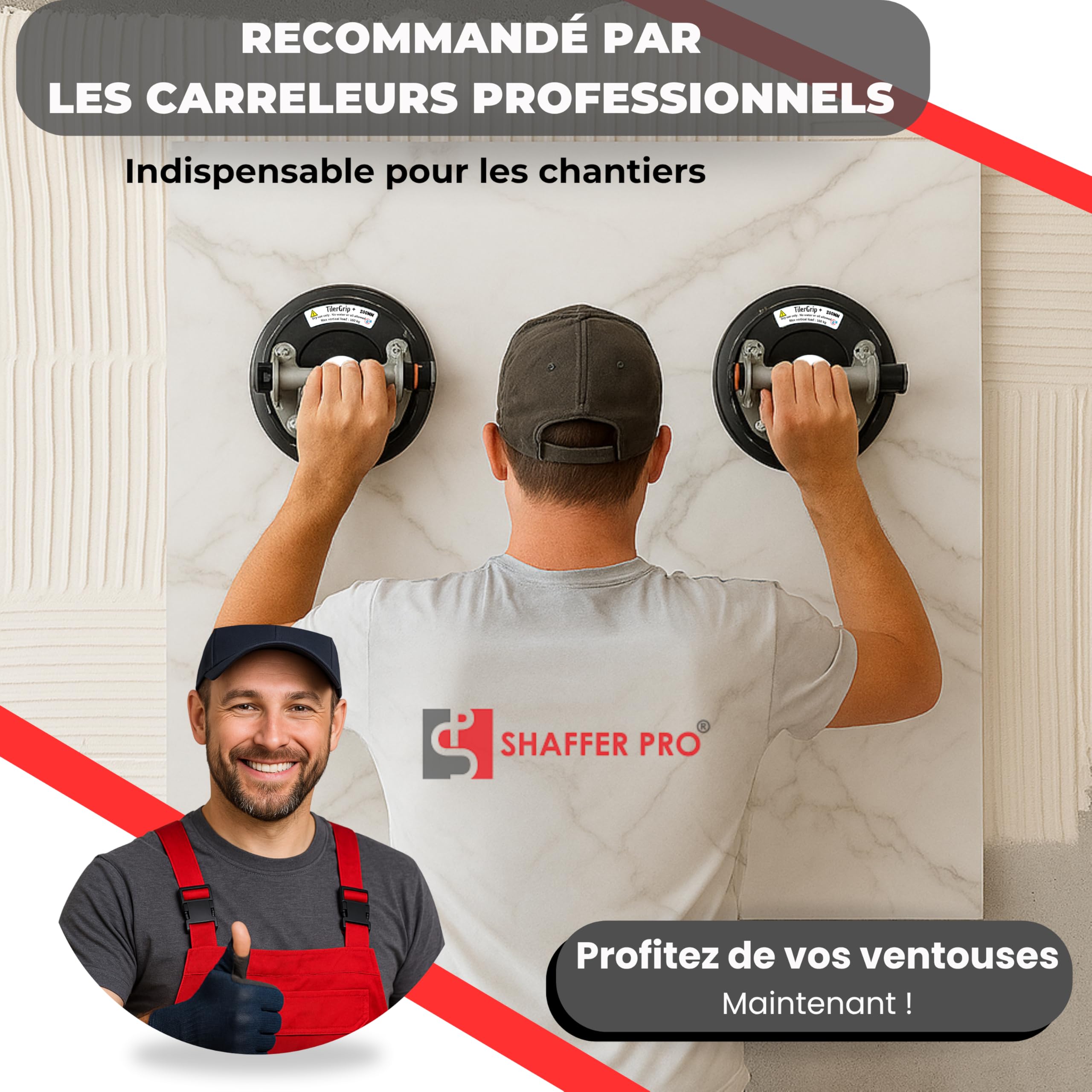 TilerGrip+ - 2 Ventouses Carrelage 200mm avec Manomètre – 320kg Ventouses Professionnelles pour Carreaux, Vitres, Grès Cérame – Forte Aspiration, Valise Incluse
