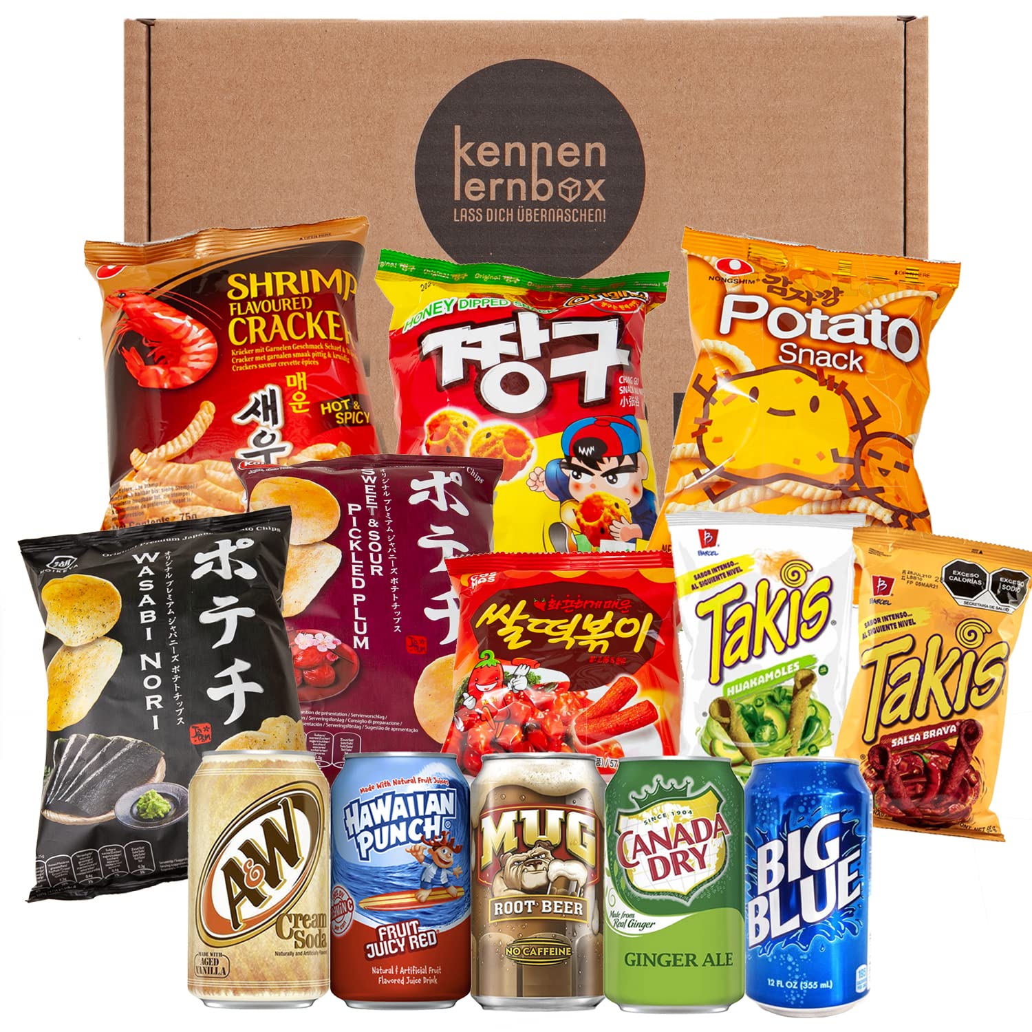 Snack Party Box | Kennenlernbox mit 12 beliebten Chips und Getränke aus den USA, Korea und Japan | Für Filmabende oder als Geschenkidee für besondere Anlässe - 