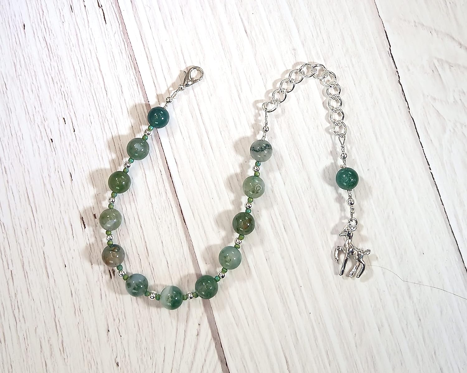 Artemis Prayer Bead Bracelet in Moss Agate: Greek Goddess of the Wilderness, Wild Animals, Protector of Young Women and Girls