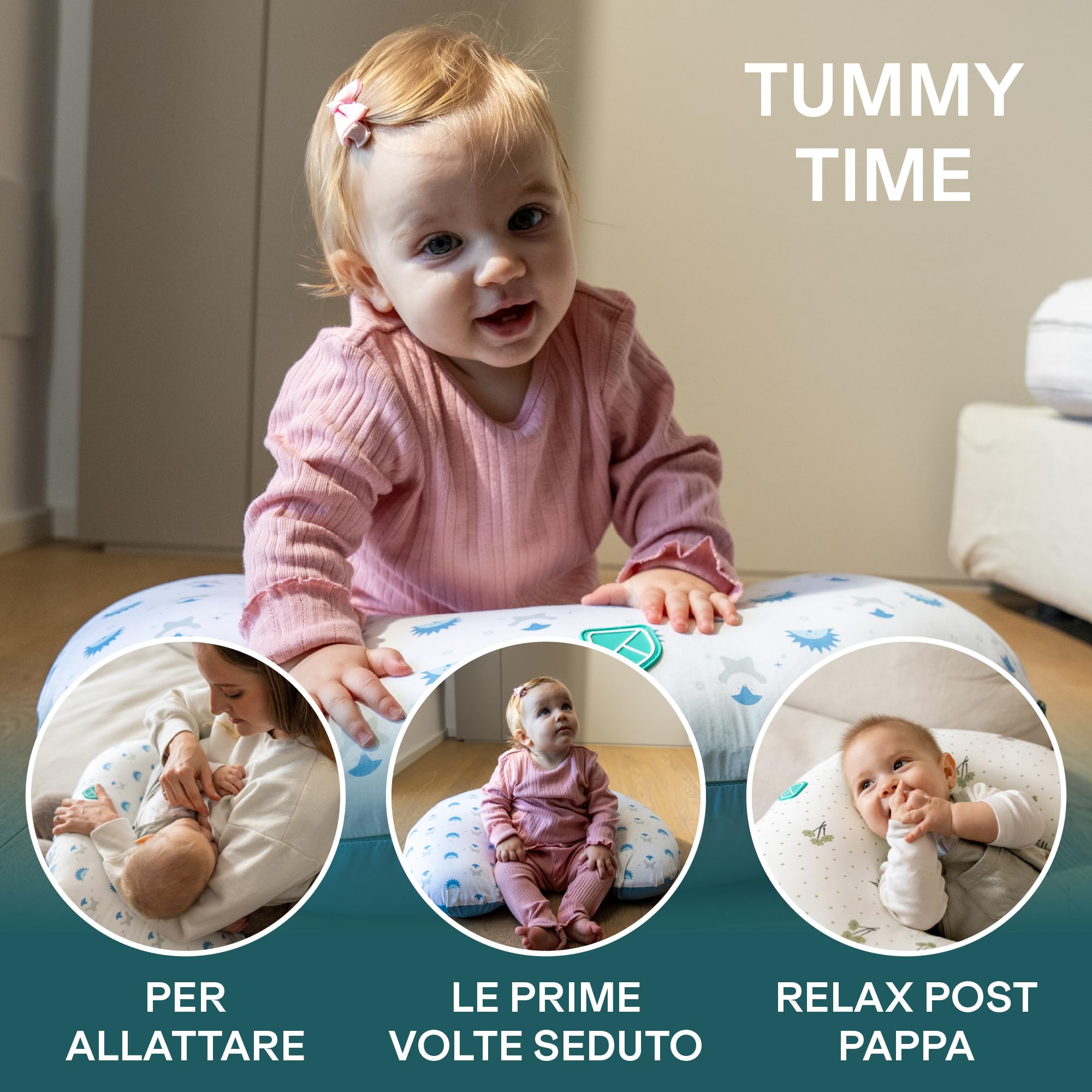 Koala Babycare Cuscino Allattamento Neonato Comodo e Adatto a Tutte le Taglie – Ciambella Allattamento Neonato 0-12 Mesi con 5 Usi Diversi (Bianco-Blu Ricci)
