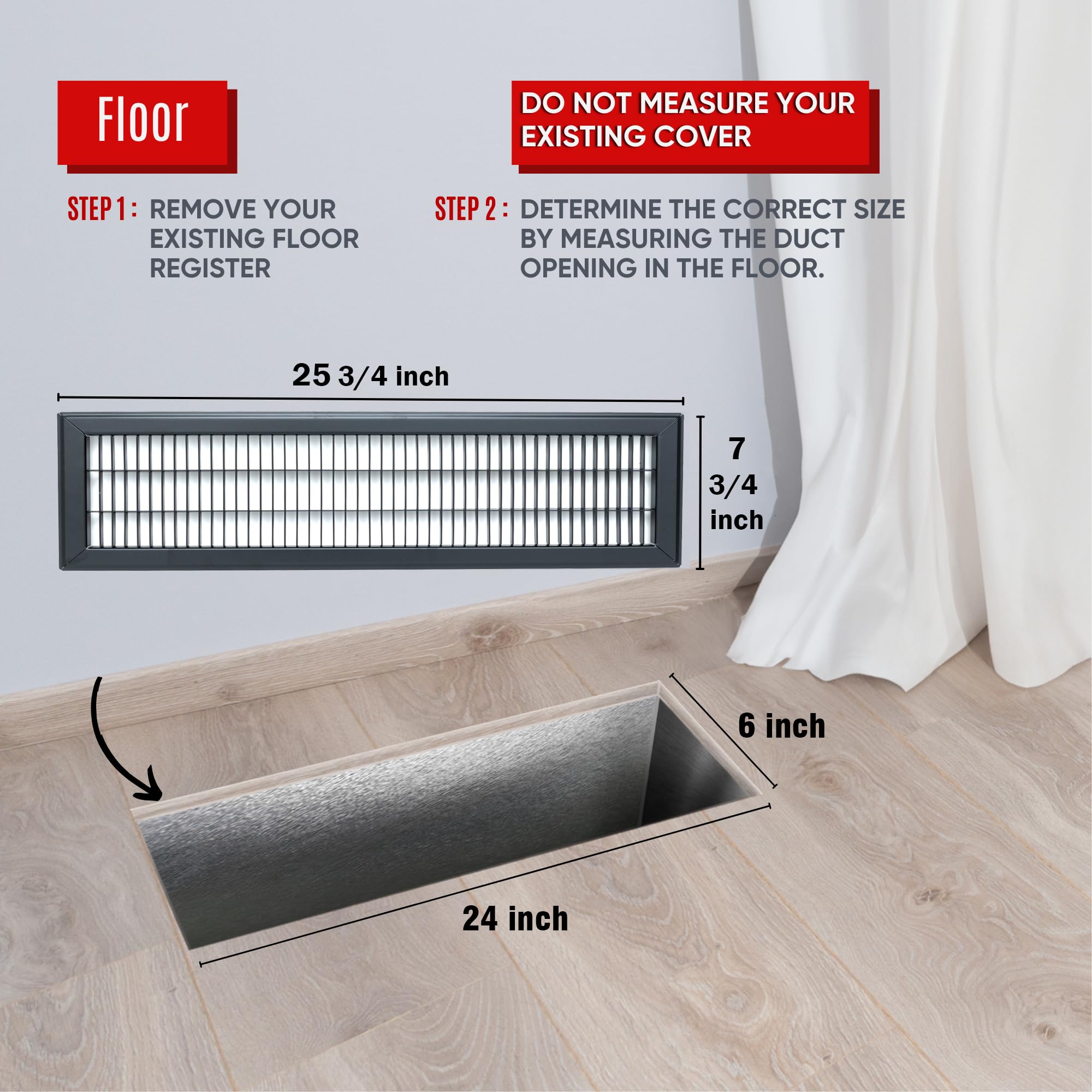 Passend für 15,2 x 61 cm und 61 x 15,2 cm große Kanalöffnung | Rückluft-Bodengitter von Handua | begehbare Lüftungsgitter für Boden | schwarz | robuste feste Klingen | Außenmaße: 19 cm B x 65 cm H