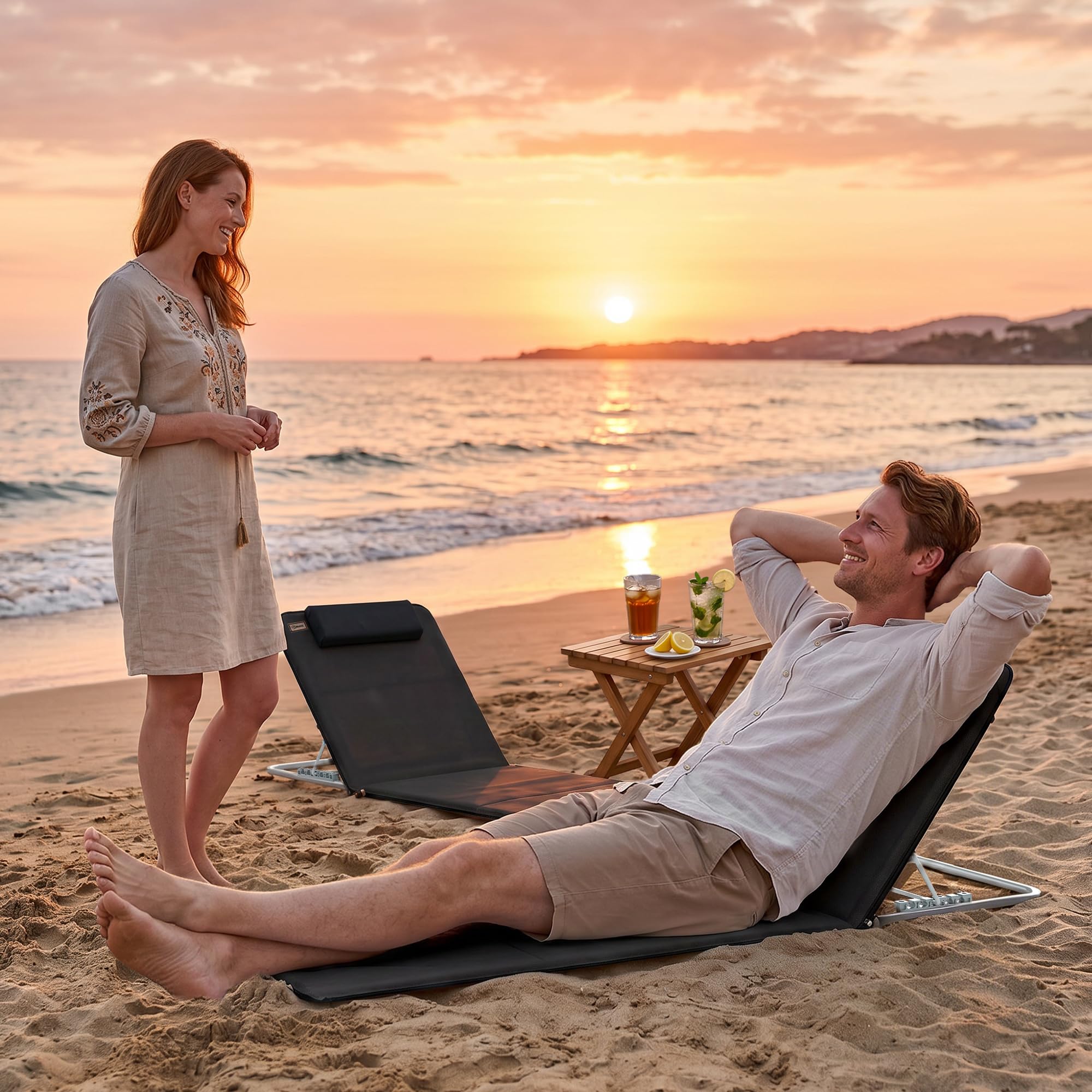 Outsunny Conjunto de 2 Esterillas de Playa Plegable Esterillas con Respaldo Reclinable en 5 Niveles Reposacabezas y Bolsa de Transporte 134x48x33-43 cm Negro