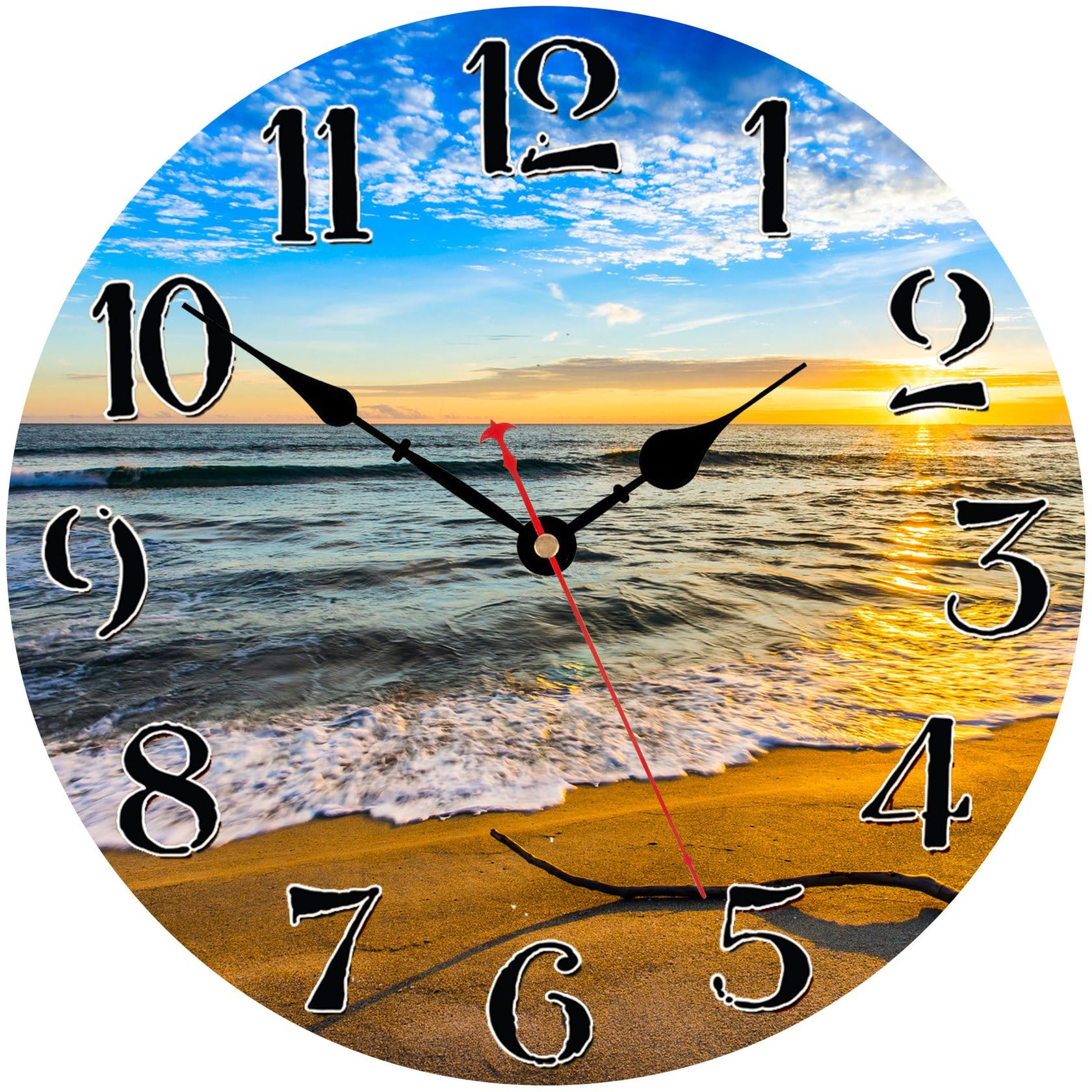 TAHEAT Coastal Wall Clock, 12 Inch Unusual Sunset Beach Waves Silent Non Ticking Battery Operated Clock Decorative for Bathroom Kitchen Bedroom Living Room
