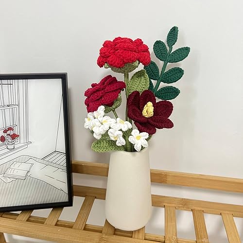 Miniatura 4 de Ramo de tulipanes de rosas de ganchillo hecho a mano, flores artificiales tejidas para siempre con exquisita envoltura, regalo para novia, mamá,