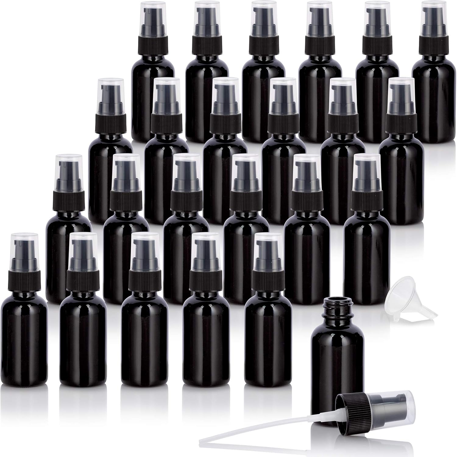 JUVITUS 1 oz / 30 ml Black Glass Luxury Boston Round Bottle with Black Treatment Pump (24 Pack) + Funnel