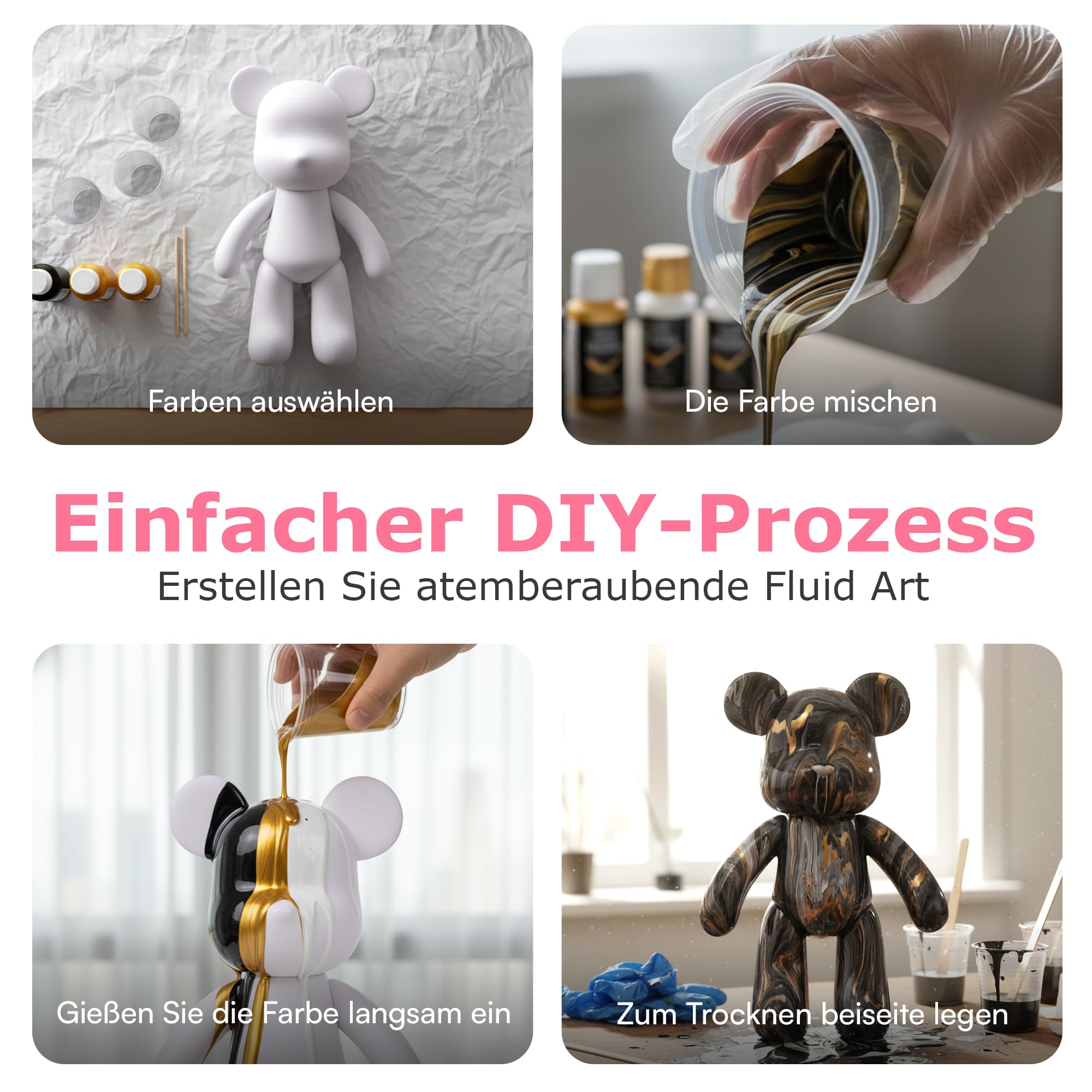 Generisch Kit per decorazione domestica fai da te, con statuetta a forma di orsetto bianco da pitturare, incl. 3 pitture liquide, pennello, tovaglia e grembiule (blu)