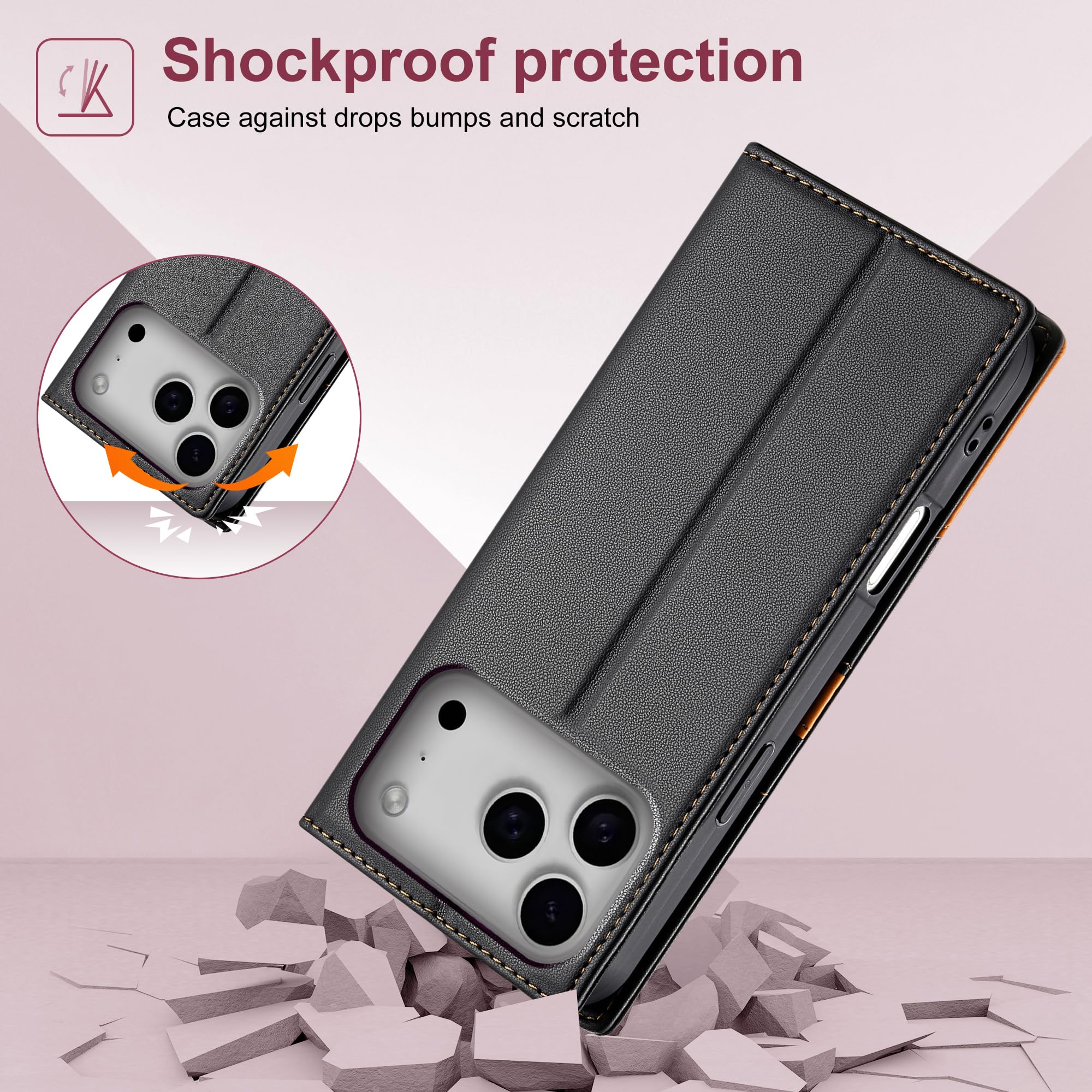 Custodia magnetica a libro in pelle di lusso con portafoglio e scomparto per carte per iPhone 16 (per iPhone 16/Nero)