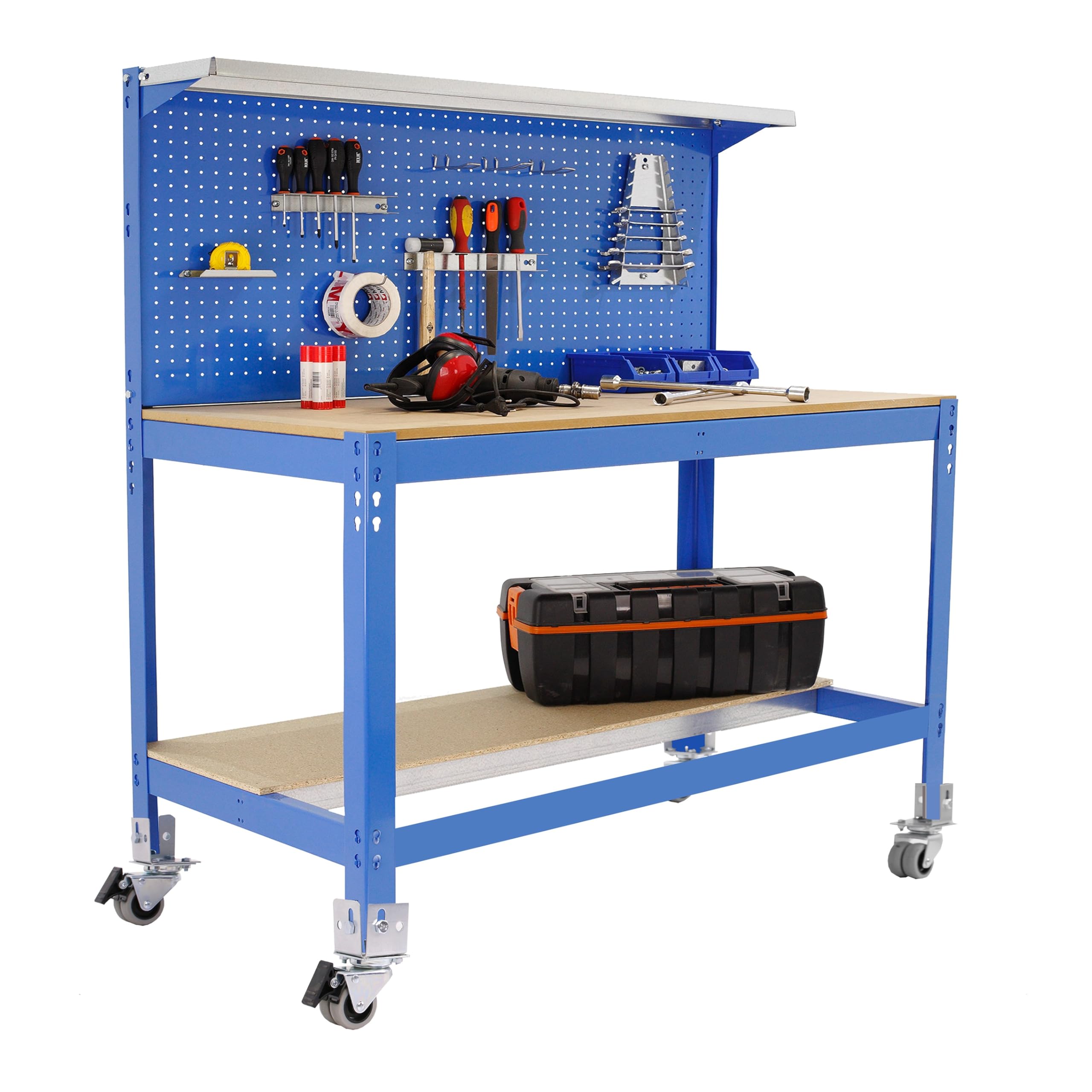 Simon Rack Banco de Trabajo Taller con Ruedas 910x610 mm - BT3 | Panel Perforado, Tablero madera 16 mm, Capacidad Carga 120 kg, Azul , Pintura anticorrosión, Montaje sistema clic