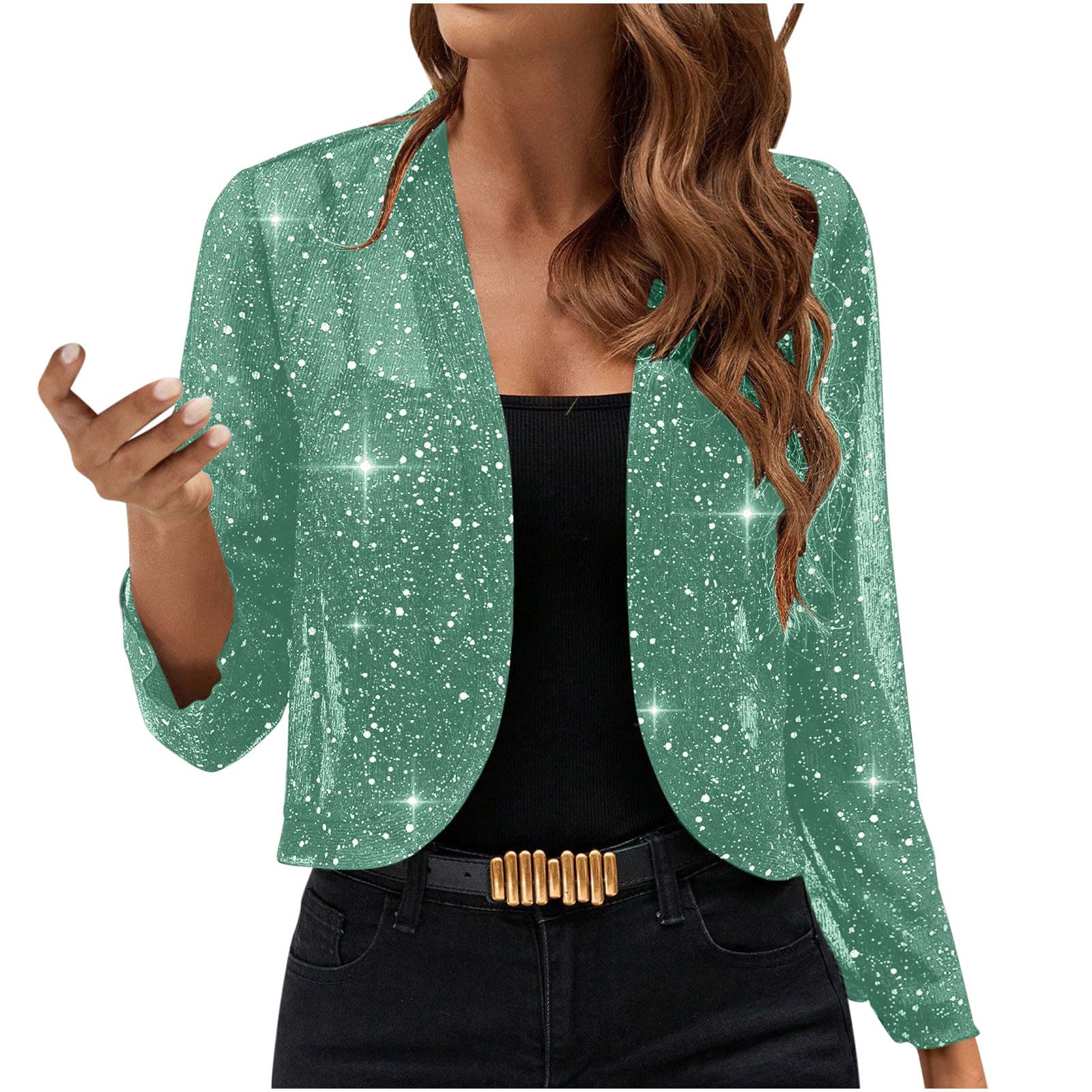 Womens Sequin Blazers Jacket Sparkly Glitter Open Front Cropped Blazer Lightweight Long Sleeve Jacket Outerwear