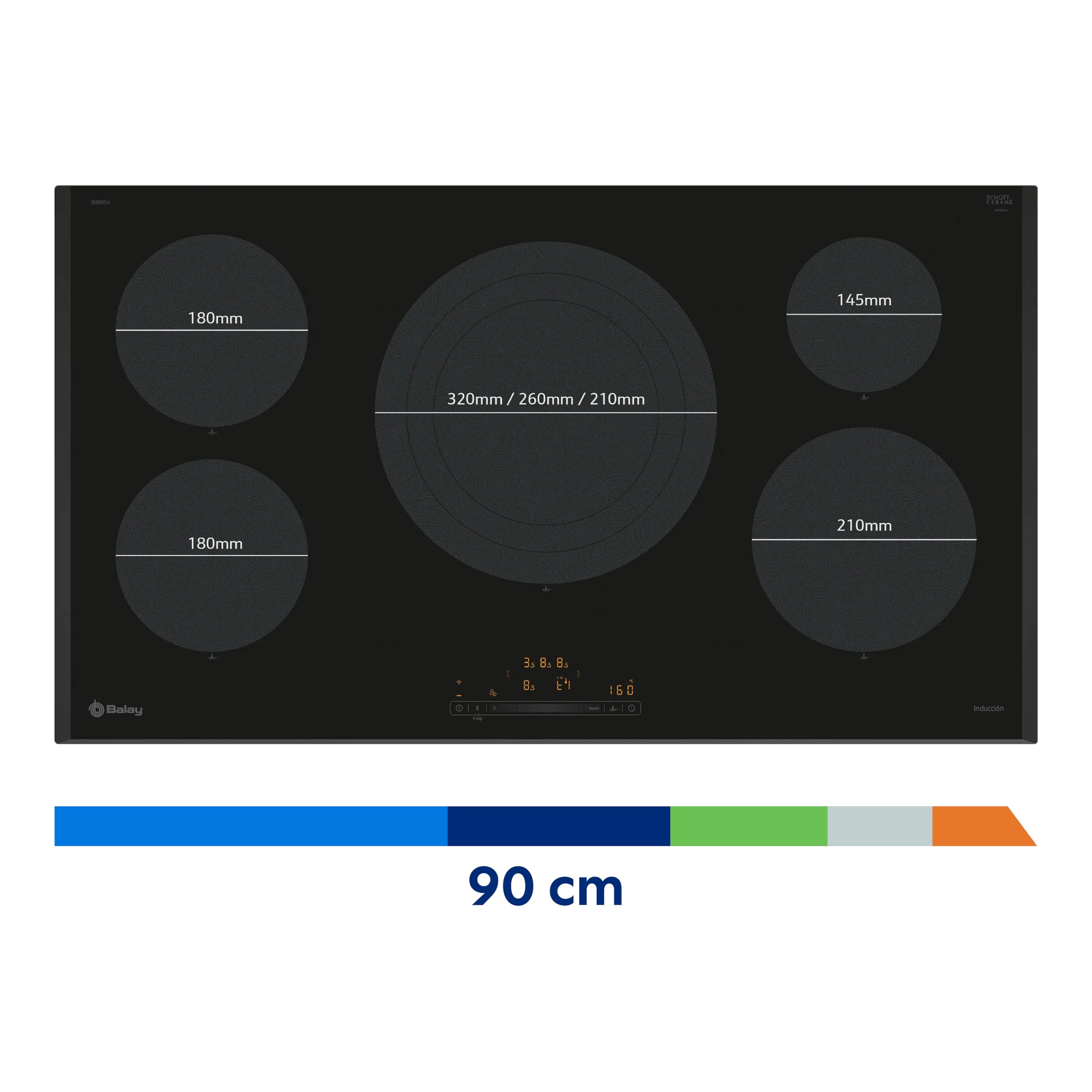 Balay, Placa de Inducción, 90 cm, 5 fuegos, Zona 32 cm, negro, 3EB997LH