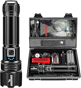 Shadowhawk Taschenlampe Led 15000 Lumen, Extrem Hell Taschenlampe USB Aufladbar Taktische Taschenlampen Mit holster XHP70.2, IP67 Wasserdicht 5 Lichtmodi für Camping Wandern Notfälle