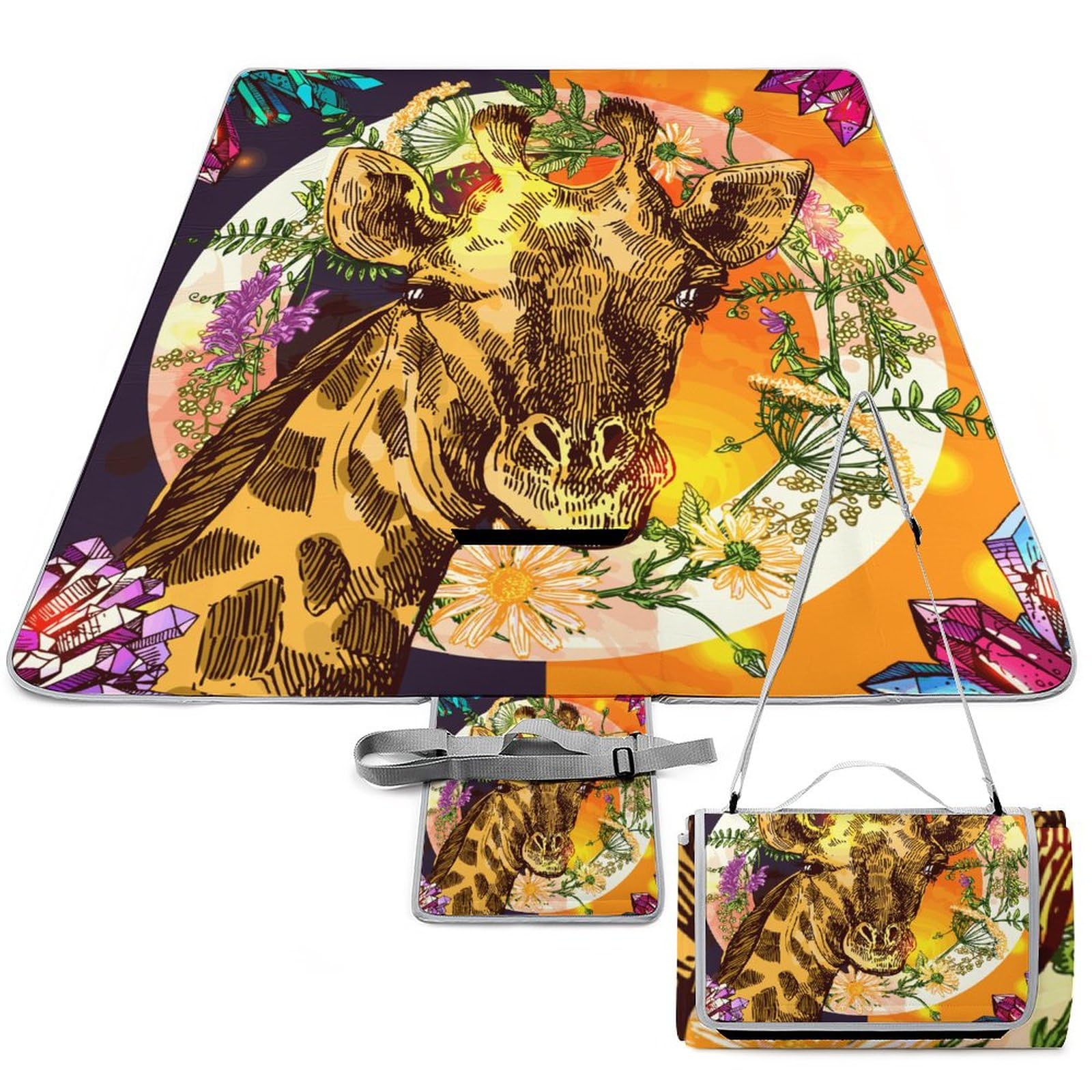 Giraffe Print Picnic Blanket Waterproof Foldable, Large Outdoor Picnic Blanket Beach Blankets Camping Blanket Travel Mat, Shoulder Strap Tote, Rectangle 58x58in