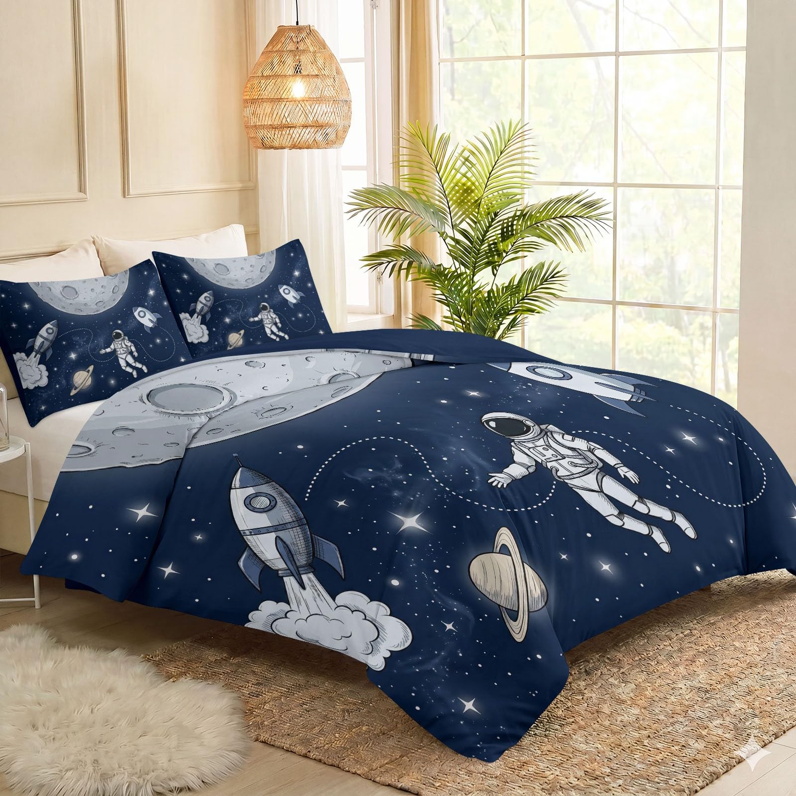 Dwustronna poszwa na kołdrę 135 x 200 cm, zestaw pościeli z ilustracją dla dzieci, na 4 pory roku, minimalistyczny kosmos, meteoryt, astronauta, nadaje się do prania, pościel z mikrofibry, dla