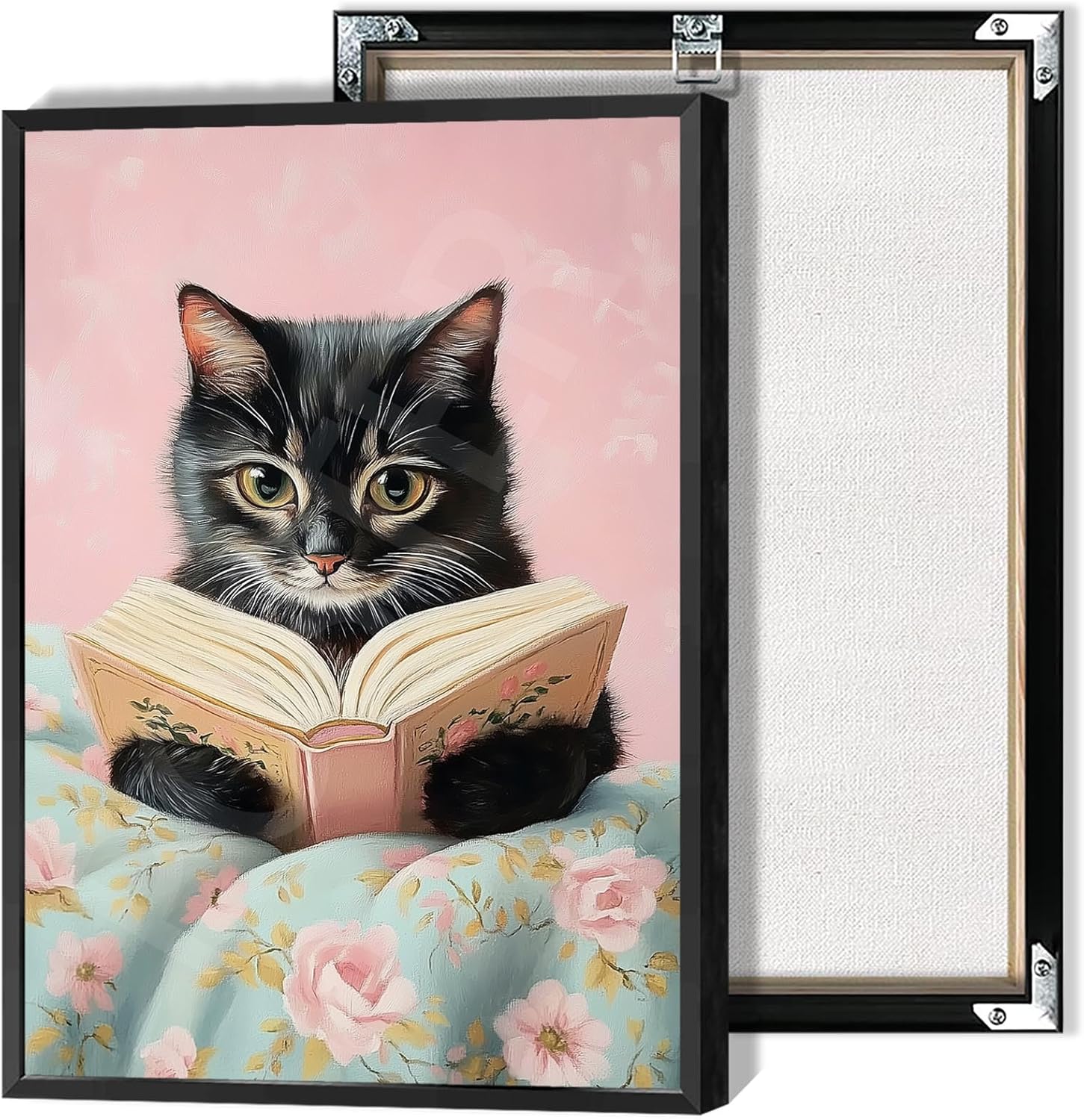 Vintage Cute Cat Canvas Wall Art Funny Cat Covered With Quilt Reading A Book Poster Trendy Cat Lovers Animal Aesthetic Prints Painting For Girls Room Bedroom Dorm Wall Decor 8x12in Framed