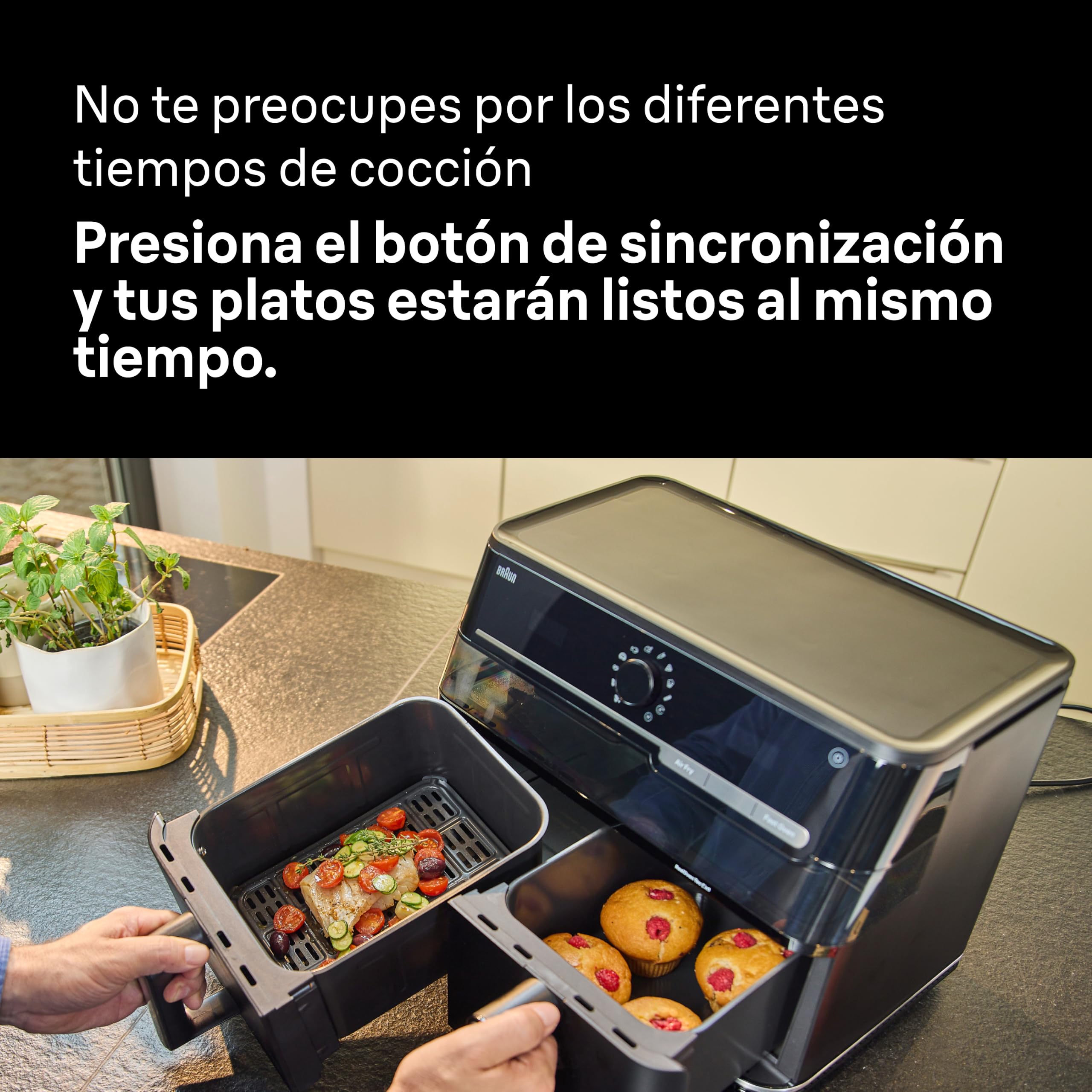 Braun TwinCook 5 - Freidora de Aire de Doble Cesta 10 L, Air Fryer Grande con Función Horno de Aire, Sync & Match, 15 Programas, Cocina sin Aceite, Fácil de Limpiar, 2850 W, Negra (TD 5053I BK)