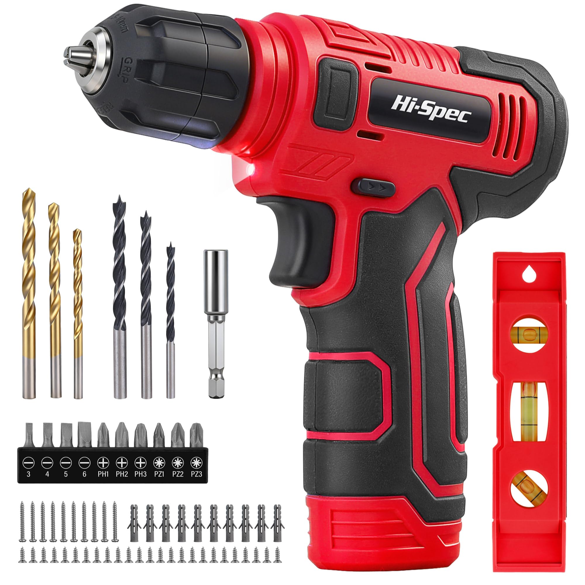 Hi-Spec Taladro atornillador inalámbrico 8V recargable por USB, set de brocas para atornillar y taladrar, kit para colgar en pared, color Rojo
