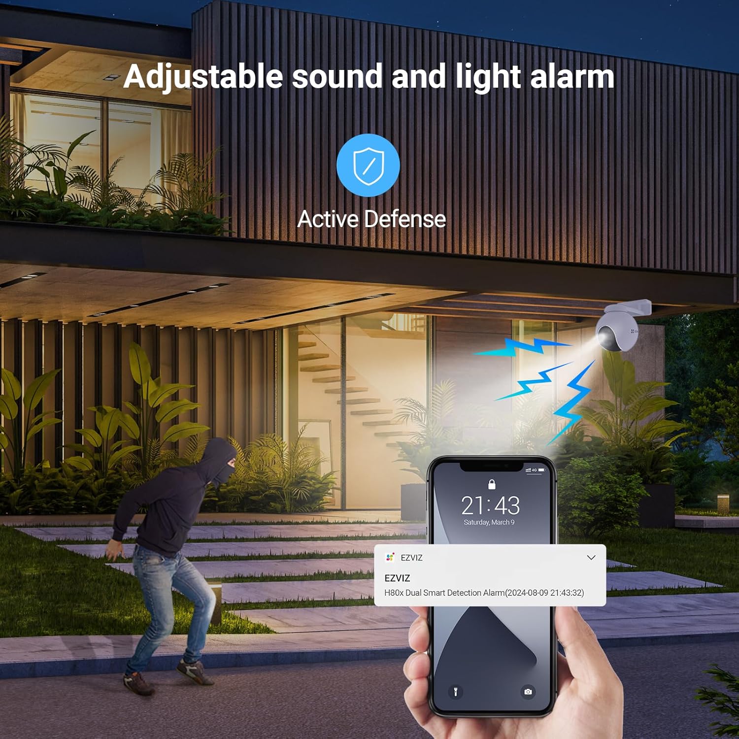 Smartphone displaying live view from EZVIZ camera with auto-zoom tracking