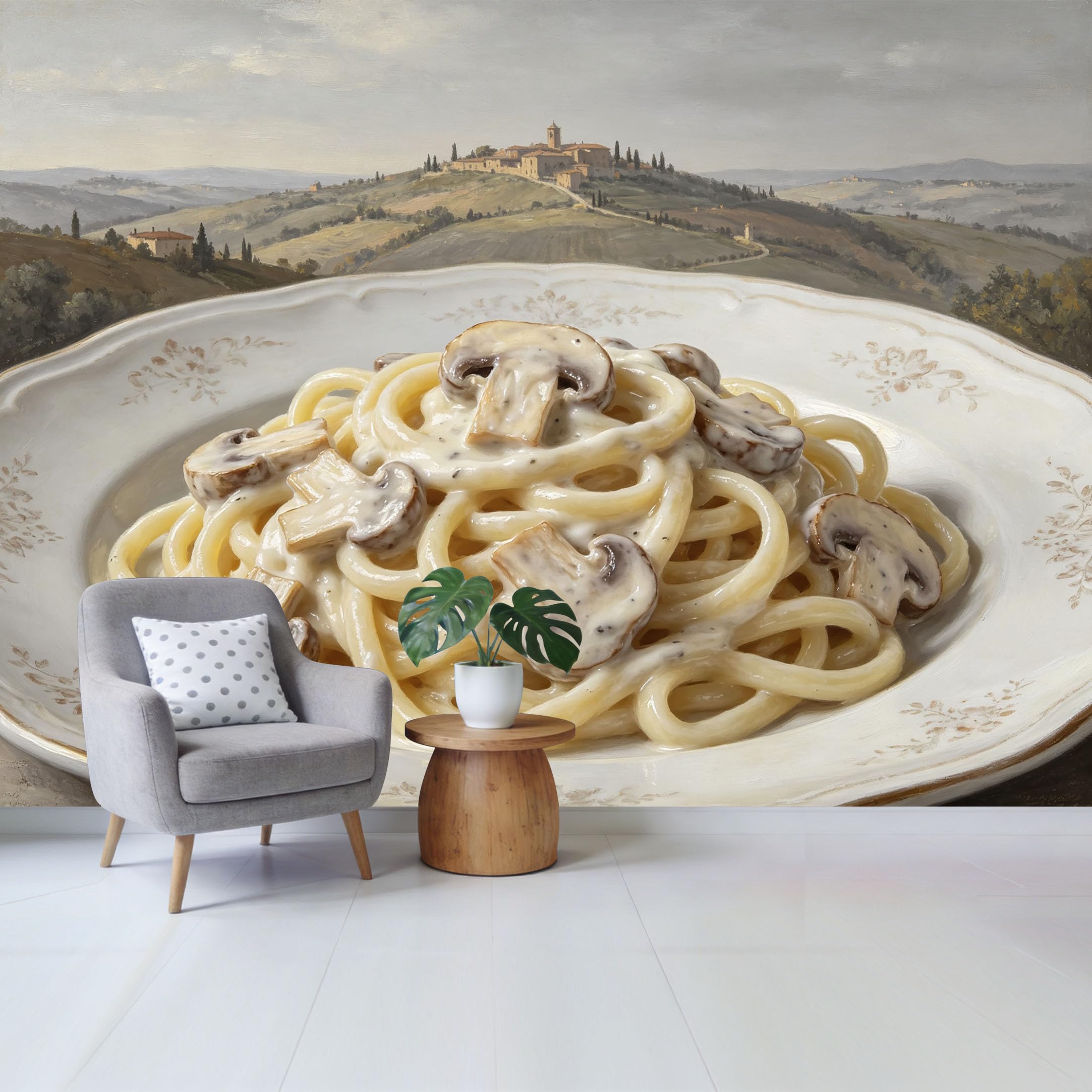 Qzlithotic Yq2605250430 Custom Size Wall Mural Mushroom Pasta Dish Tuscan Landscape Oil Painting Selfadhesive Wall Fabric Removable Wallpaper For Home Office Decor