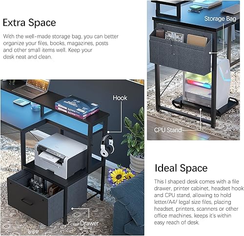Miniatura 6 de Hyomdeck Escritorio en forma de L, escritorio reversible en forma de L con cajón de archivos, escritorio de esquina para escritura de juegos,