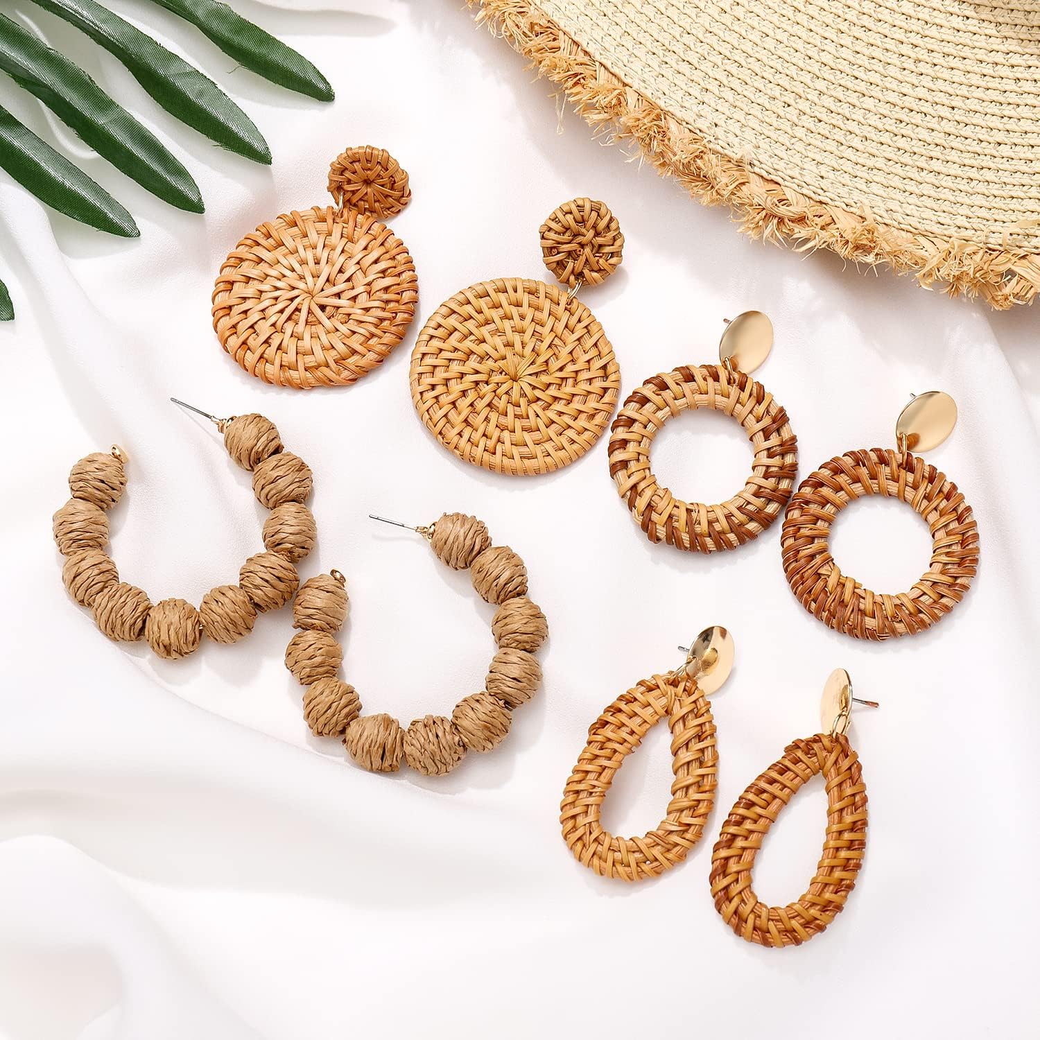 Rattan Earrings Boho Rattan Ball Hoop Earrings for Women Handmade Summer Beach Raffia Dangle Earring Set Statement Straw Wicker Earrings Gifts - Image 6