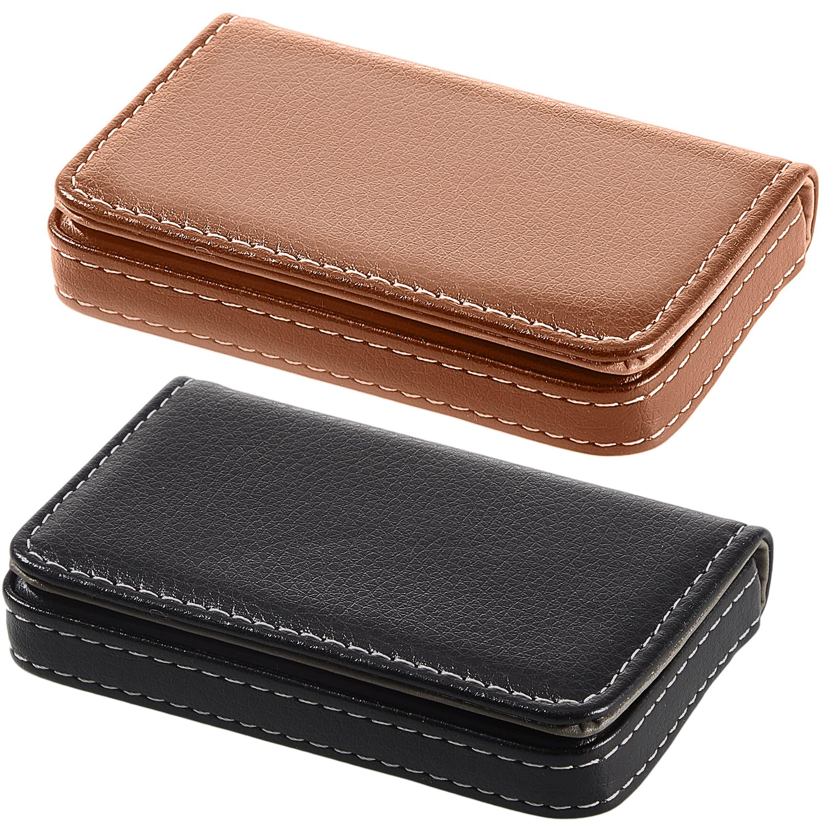 Outus 2 Pcs Business Card Holder, PU Leather Business Card Case Pocket Wallet with Magnetic Shut for Valentines Gift Adult(Black, Apricot)