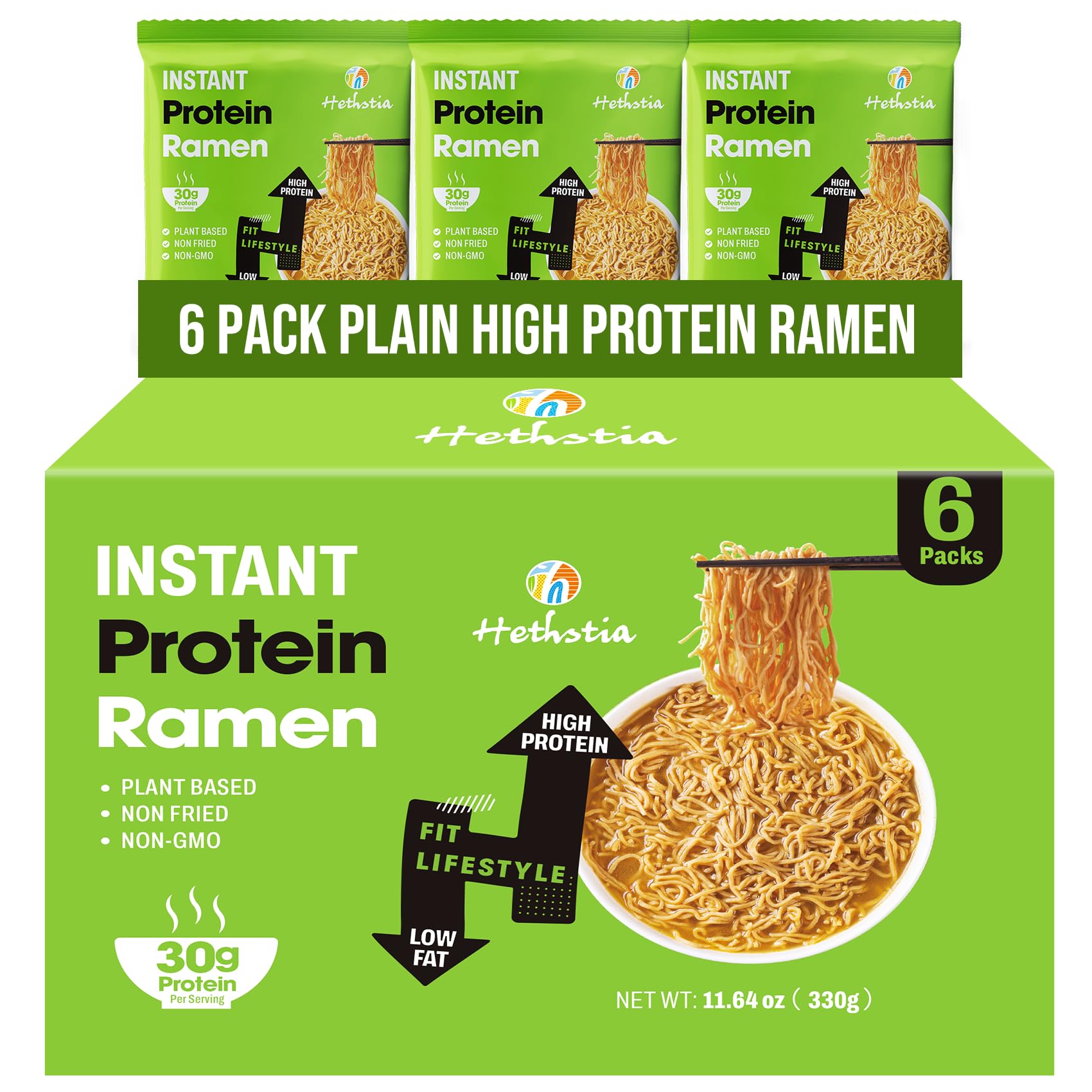 Hethstia High Protein Ramen Plain, 6 Pack Instant Ramen Noodles – 30g Plant Protein, Vegan, Non-Fried, Non-GMO, Sugar-Free, Low Fat, Healthy Quick Meal Base for Lunch, Dinner or Post-Workout