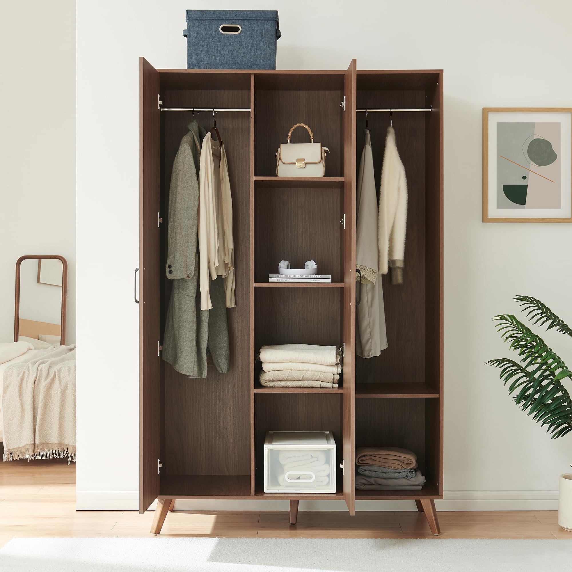 [en.casa] Armario ropero Norg 2 Puertas 5 estantes 191x120x52cm Nogal | Armario dormitorio Clóset Guardaropa para Vestidor barra para colgar 5 compartimentos diseño moderno gran capacidad