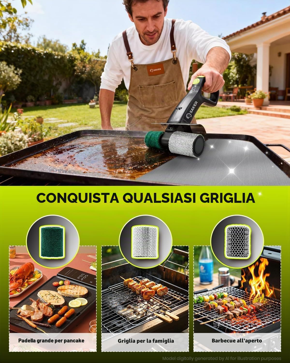 Saker Spazzola Elettrica per Griglia per Griglia Esterna, Spazzola Automatica per la Pulizia della Griglia Senza Setole con 450 RPM e Luce LED, Set di Spazzole Grill Rescue BBQ con 3 Testine