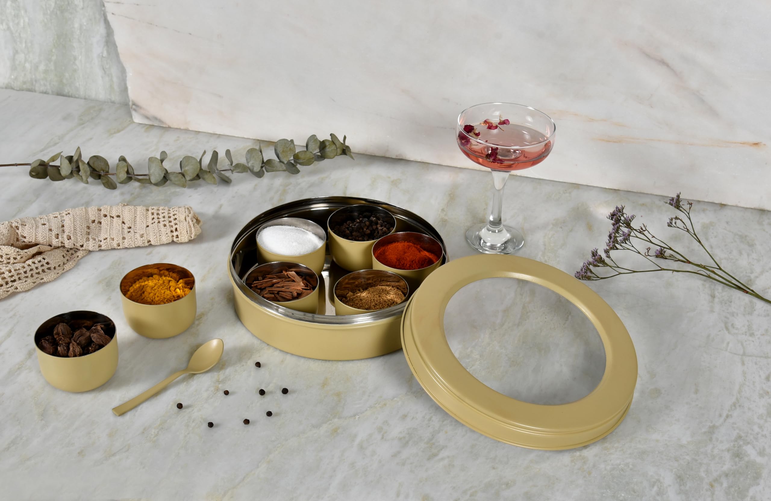 Elan 7 Compartment Multipurpose Air-Tight Stainless Steel See Through Round Colorful Spice Box/Popula Dabba with Lid and Spoon | Daisy Yellow, 1500 ml