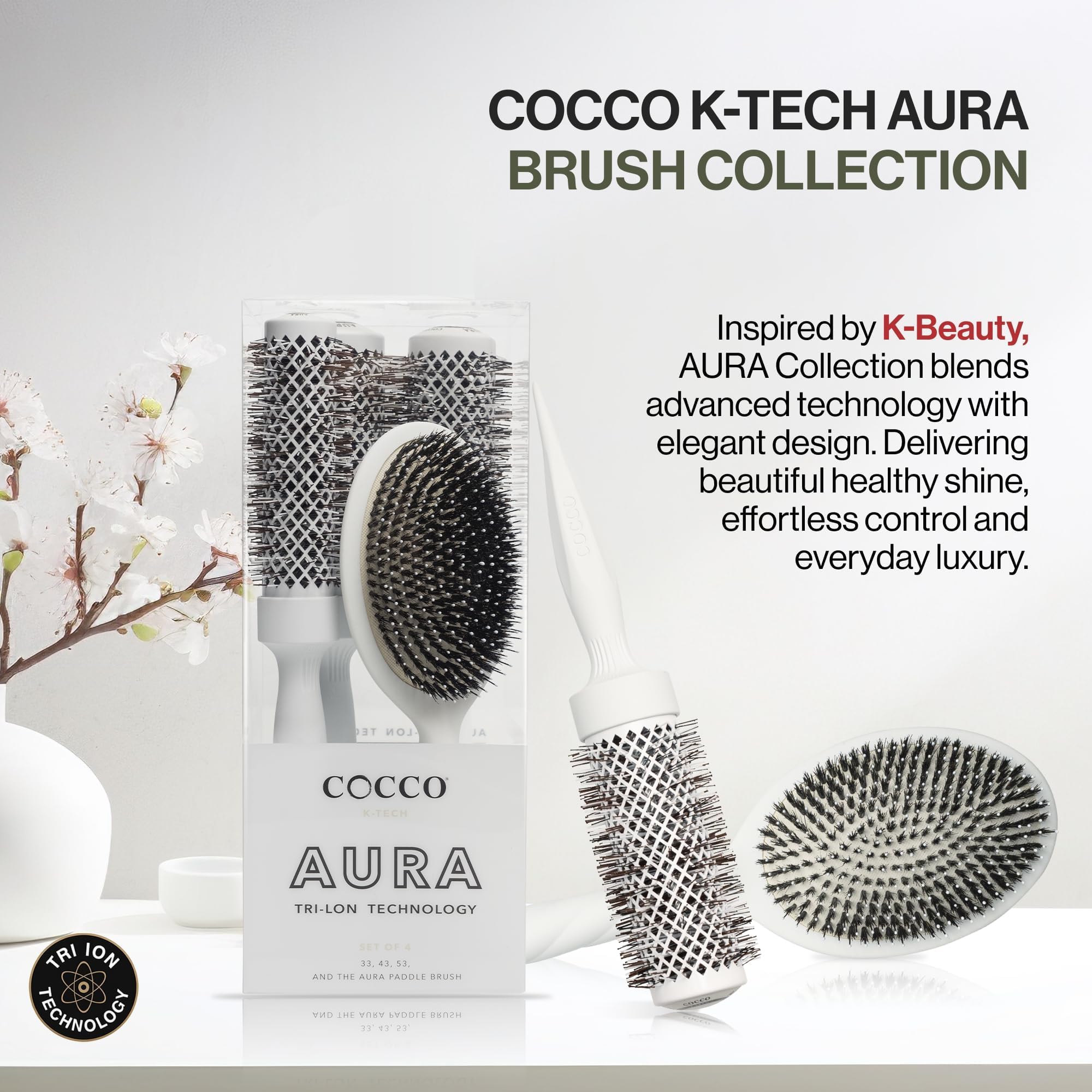 Cocco Aura Brush Set Blanco 4pz - set de cepillos | Paleta de cerámica, secado y control de encrespamiento, cerdas de turmalina, agarre ergonómico, juego completo de estilo
