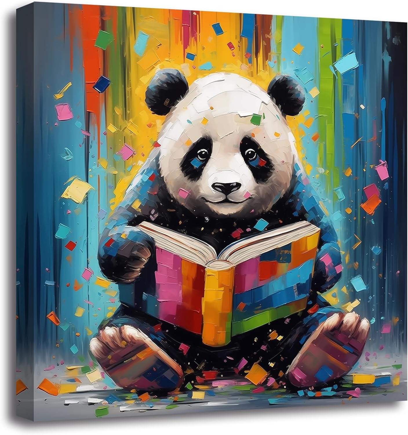 ZXHYWYM Panda Wall Art Cute Panda Reading Book Poster Prints Abstract Colorful Animal Canvas Picture Funny Artwork for Nursery Kids Room Classroom Decor(Picture-2, (16.00" x 16.00"))
