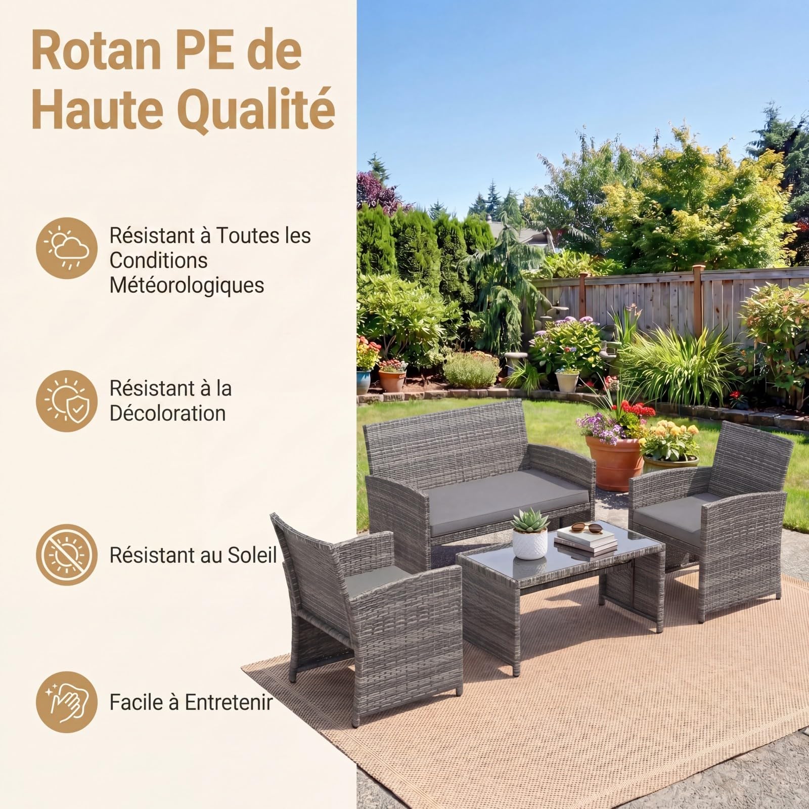 SOARS Salon de Jardin Exterieur en Rotin PE, 4 Personnes (Gris+Gris)