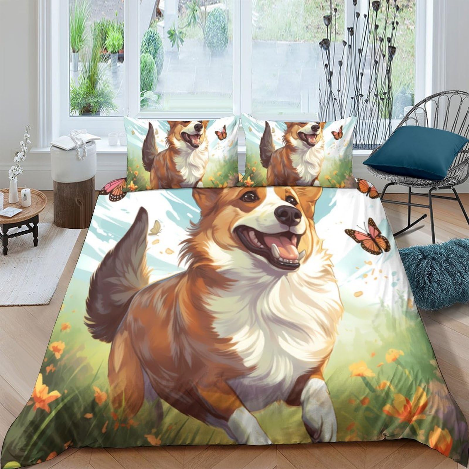 Ctjqhvkz Style-4 3D Printed Corgi Dog Fitted Sheet Microfiber Soft Breathable Meadow Butterfly Bed Cover For Bedroom Home Decor Single（135X200cm）