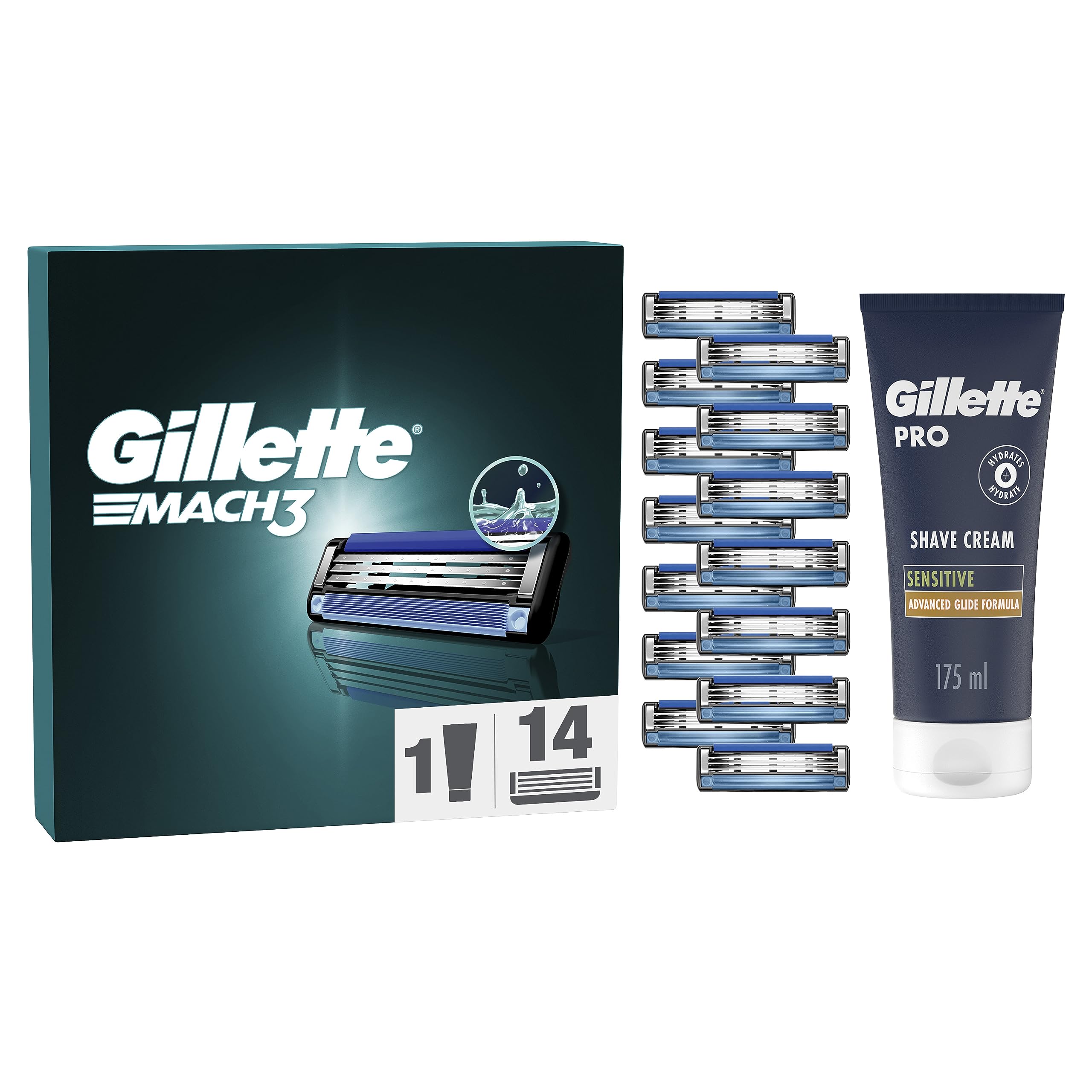 Gillette Mach3 Regime Set Men, Pack of 14 Razor Blade Refills with Precision Trimmer and Gillette PRO Shaving Cream