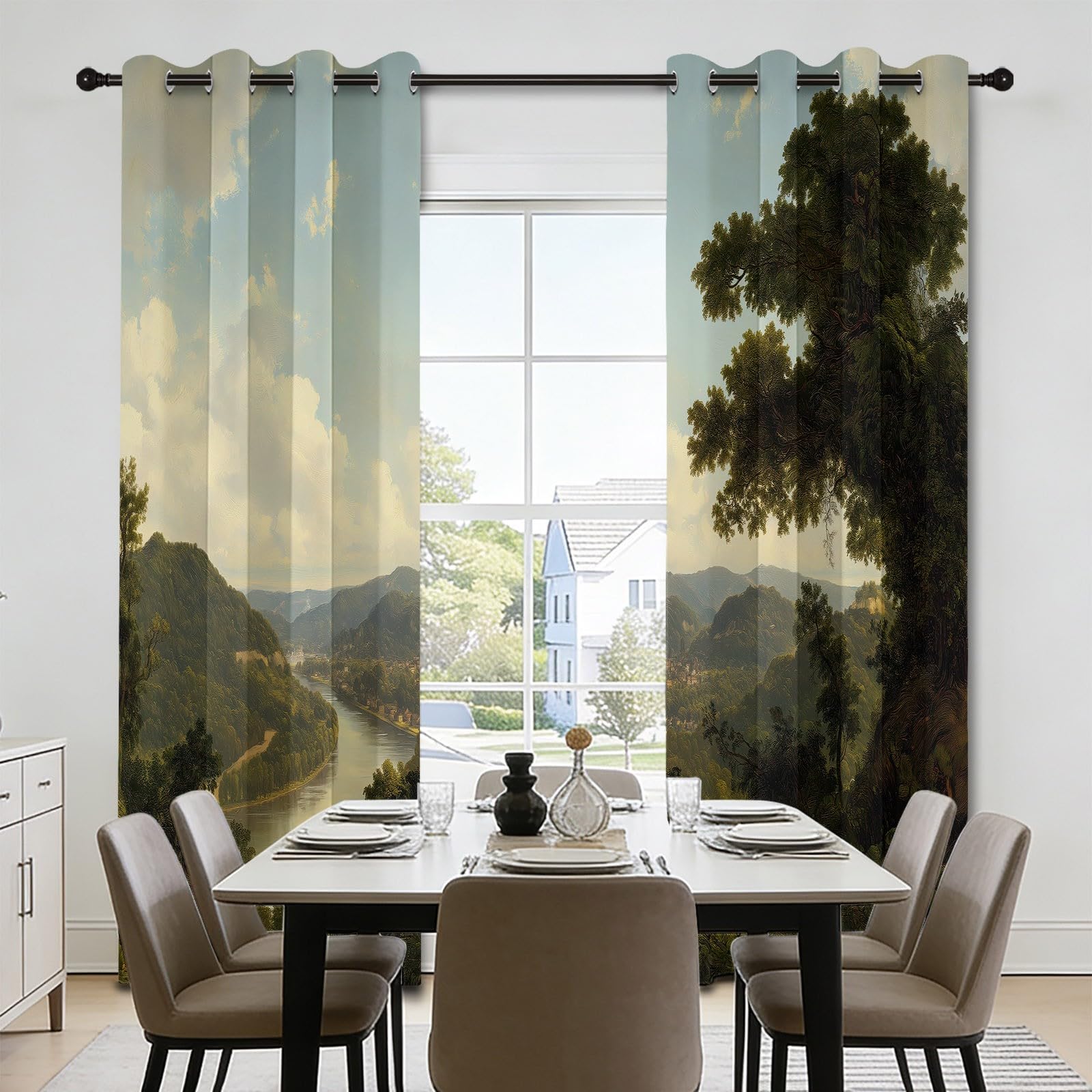 Zasłony zaciemniające z motywem lasu i rzeki górskiej, 117 l x 230 cm, dekoracja okienna do salonu, sypialni, izolacja termiczna, 2 panele