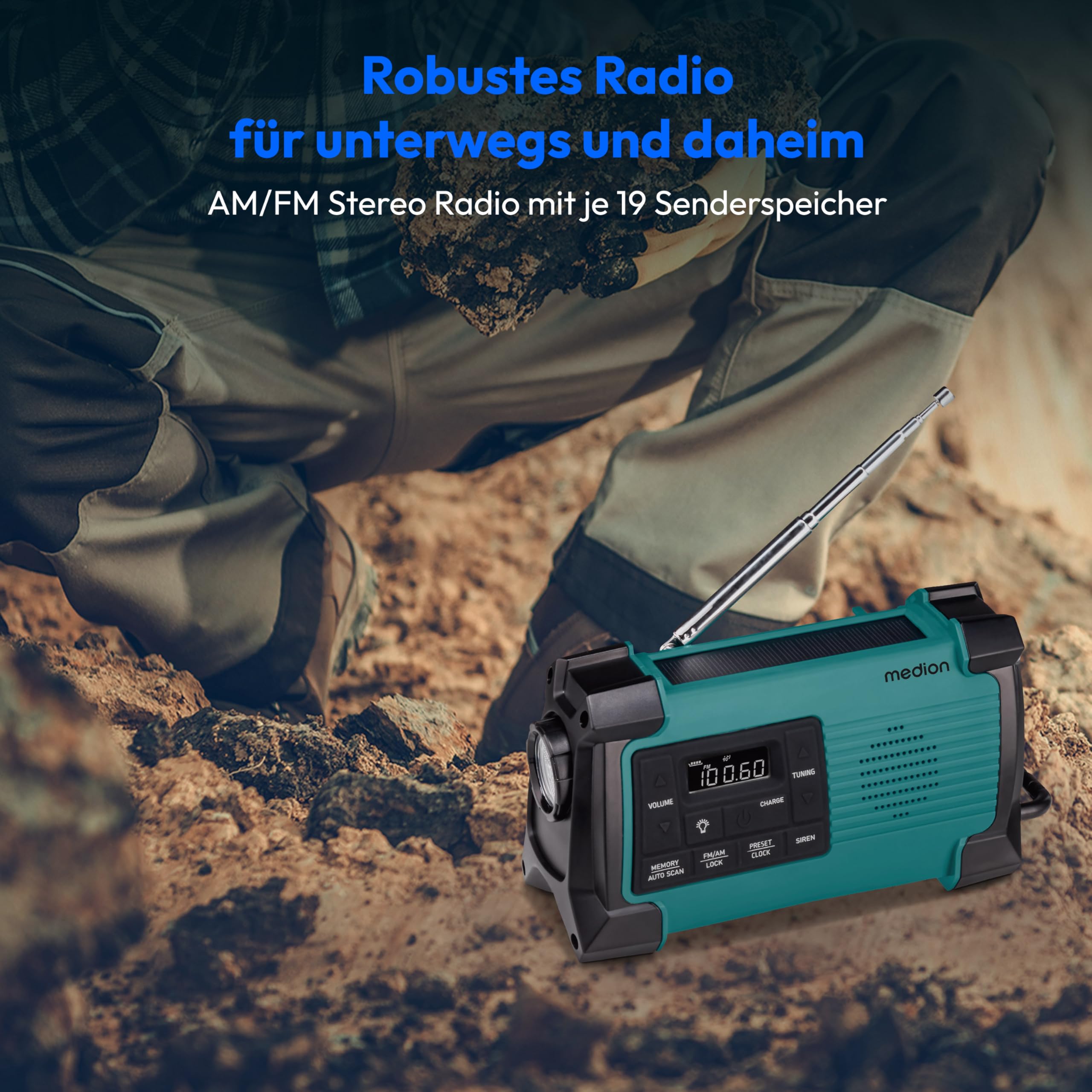 MEDION E66805 Kurbelradio (Solar, Dynamo Handkurbel, Baustellenradio, PLL UKW Radio, Taschenlampe IPX4 Spritzwasserschutz, SOS Notfall Funktion)