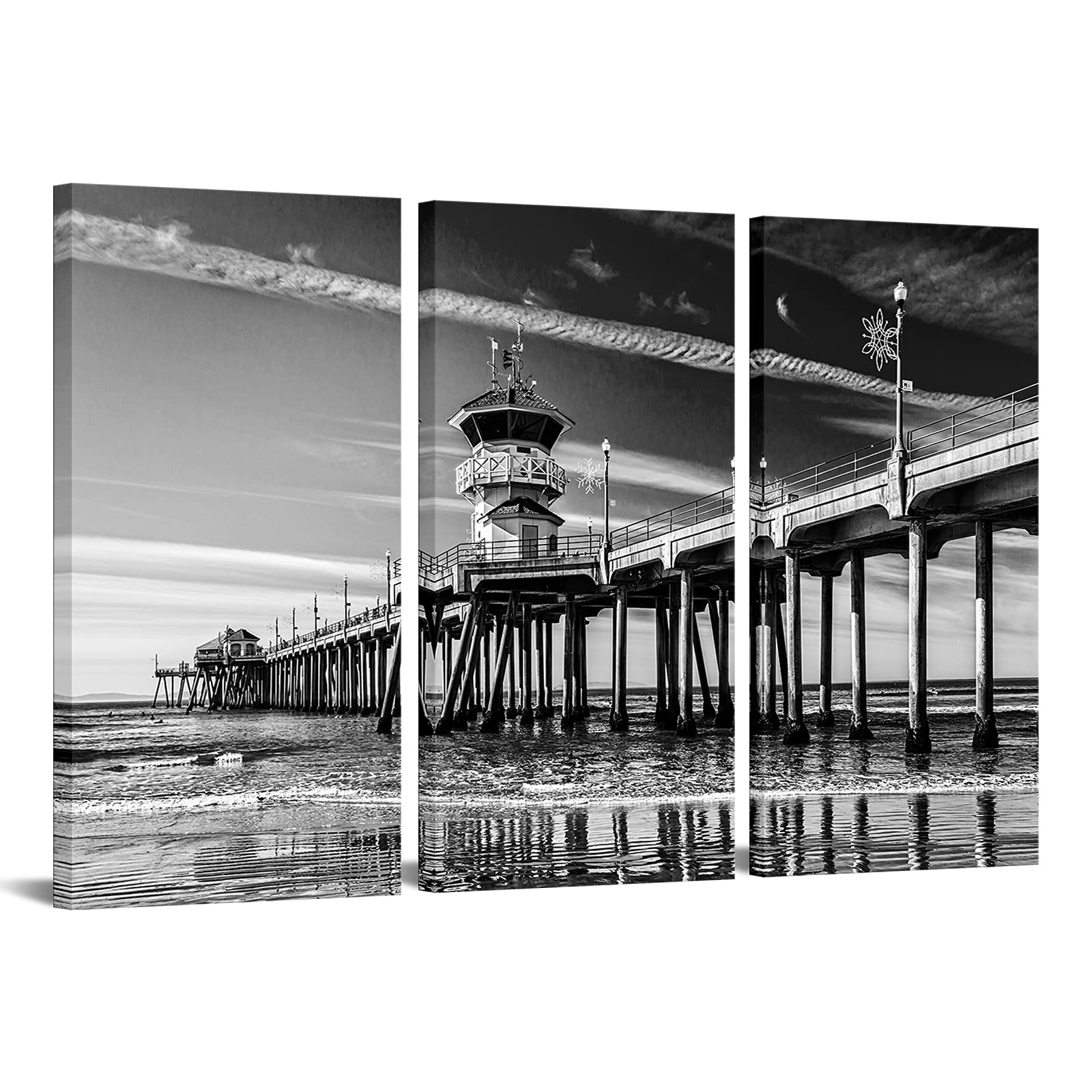 sechars3 Panel Wall Art Wall Decoration California Huntington Beach Pier Picture Photo Canvas Print Black and Wihte Landscape Painting Modern Living Room Home Decor Stretched Ready to Hang