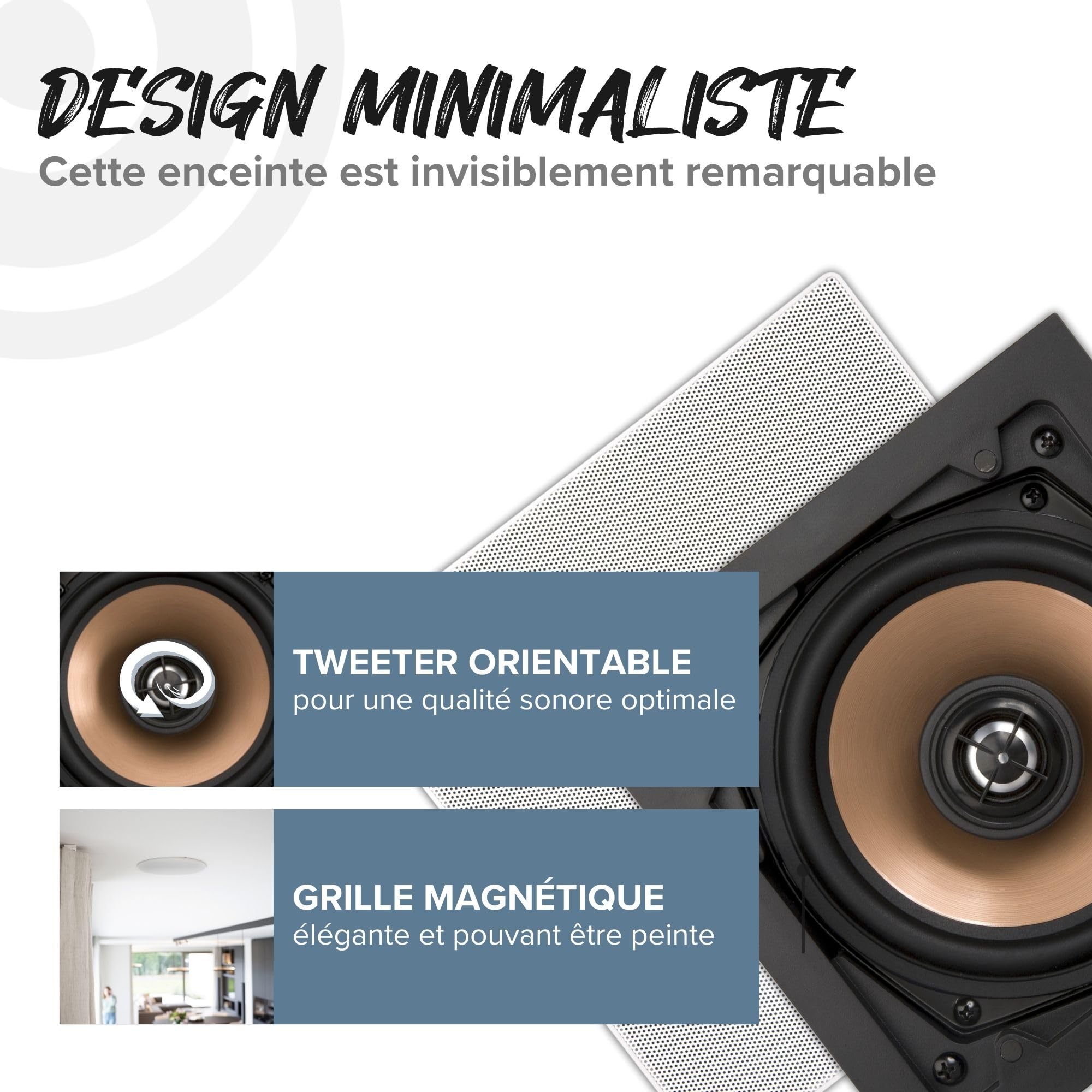 Artsound HPSQ525 Enceintes murales/Plafond 5,25 Pouces, 10-100 Watt, pour Maison, Salle de Bain, Cuisine, Bureau, HiFi, avec Tweeter pivotant, cône en Aluminium, gabarit de découpe pour Une