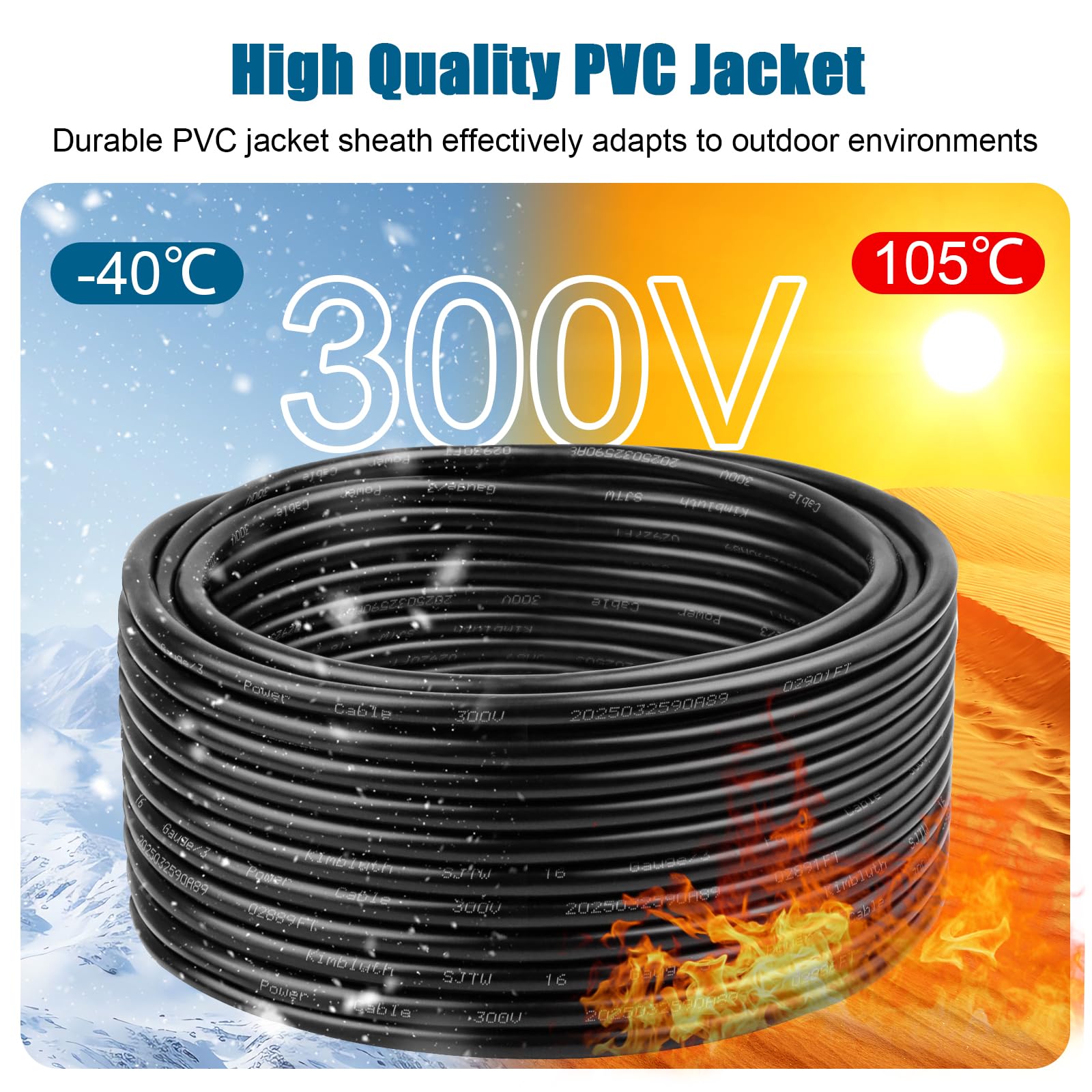 Cable de alimentación SJTW de calibre 16 con 3 conductores para exteriores, 100 pies, cable eléctrico de cobre puro resistente para césped, batería, automoción, exteriores