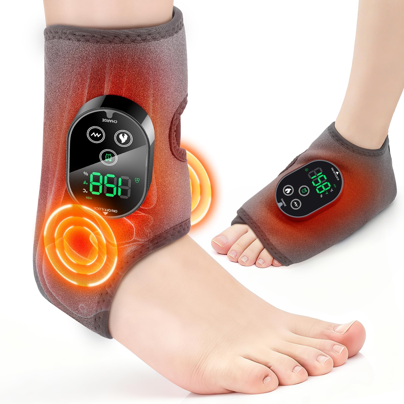 Rechargeable Cordless Ankle Massager with Heating Pad, 6 Heat Levels 3 Vibration Modes Adjustable Timer, for Foot Heel Pain Relief, Arch Support, Muscle Relaxation, Single Unit