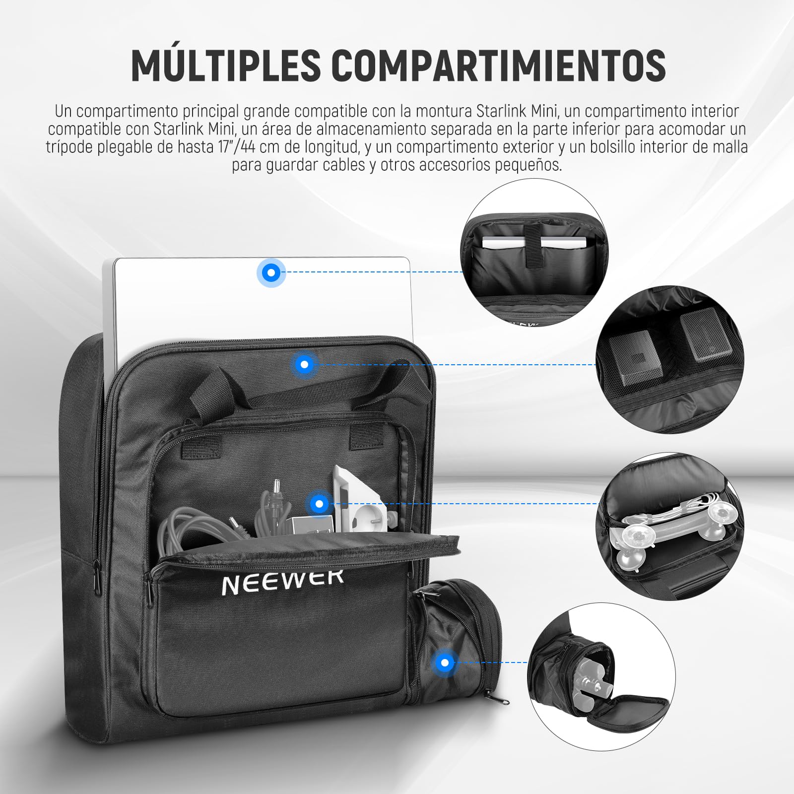NEEWER Bolsa de viaje portátil compatible con mini plato y accesorios Starlink, funda protectora ligera para transporte al aire libre con sección separada para trípode plegado, soporte de luz de hasta